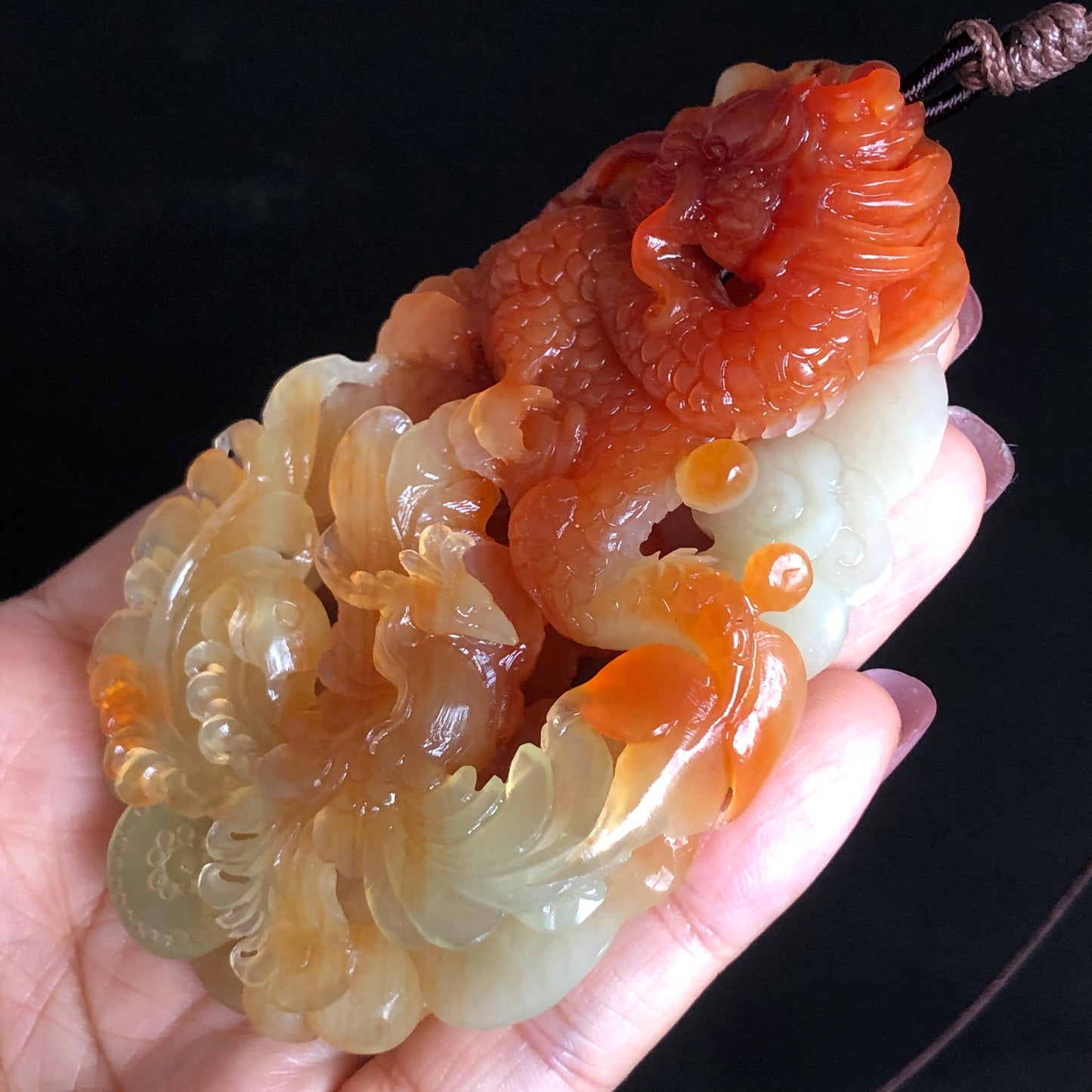 Rare Found Xiu Jade Serpentine Hand Carved Dragon & Phoenix Pendant Adjustable Necklace: Certified Natural Red Jade Stone Crystal Carving Jewelry Yellow Jade Gold Jade Natural Untreated Jade with Certificate Chinese Jade Hand Engraved Jade Charm Handcrafted Pendant Antique Jade Pendant Rare Jade Marriage Gift Wedding Gift Dragon Carving Phoenix Carving 3D Stone Carving Large Pendant Choker Necklace Adjustable Necklace