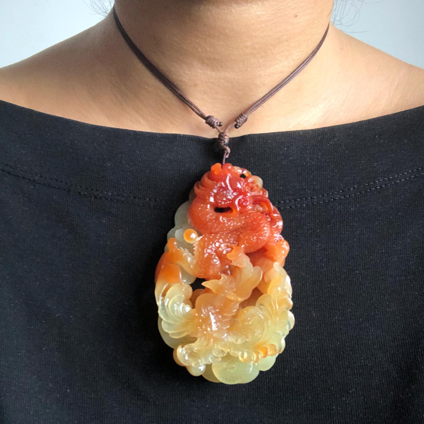 Rare Found Xiu Jade Serpentine Hand Carved Dragon & Phoenix Pendant Adjustable Necklace: Certified Natural Red Jade Stone Crystal Carving Jewelry Yellow Jade Gold Jade Natural Untreated Jade with Certificate Chinese Jade Hand Engraved Jade Charm Handcrafted Pendant Antique Jade Pendant Rare Jade Marriage Gift Wedding Gift Dragon Carving Phoenix Carving 3D Stone Carving Large Pendant Choker Necklace Adjustable Necklace