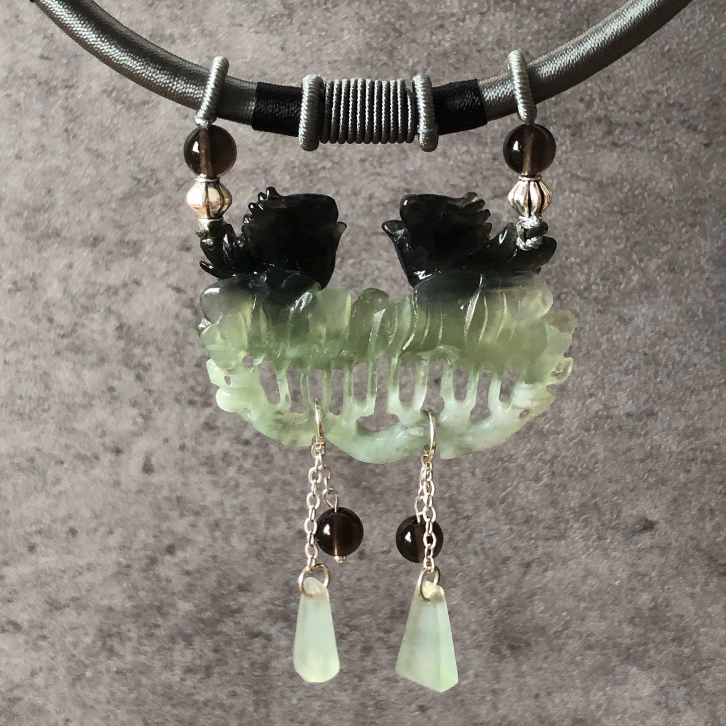 Xiu Jade Serpentine Hand Carved Magpie Birds & Flower Pendant Adjustable Necklace: Certified Natural Black Green Jade Vintage Necklace Gemstone Gift for her, black jade carving green jade carving plum blossom carving flower carving hand engraved flower chinese jade pendant necklace vintage necklace antique necklace certificate jade natural untreated jade certified jade modern necklace bird carving