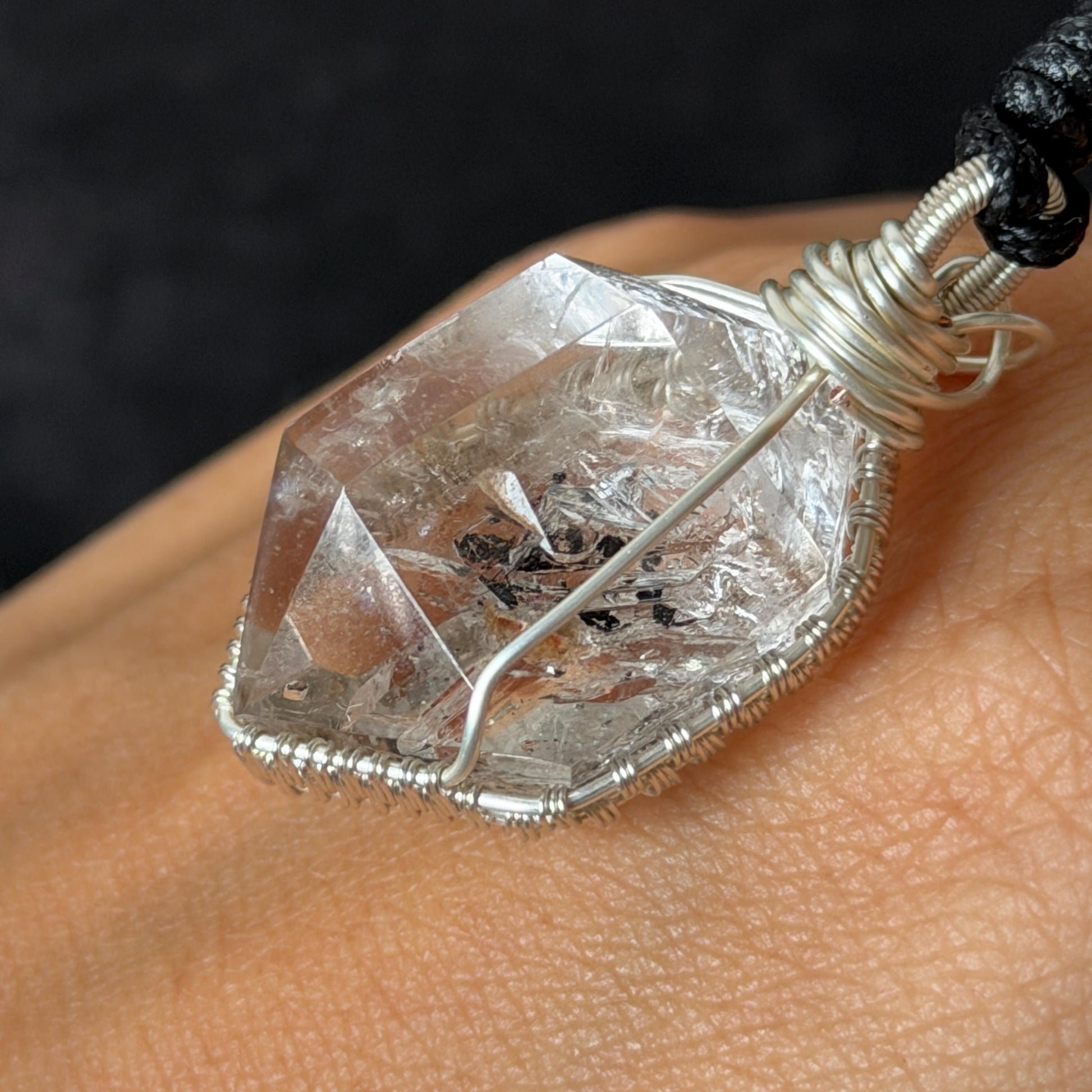 Rare Polished Enhydro Quartz (Herkimer Diamond) Wrapped Wire Pendant Adjustable Necklace | Moving Sand Waterfall | Natural Gemstone Birthstone Gift for her | Natural Gemstone Birthstone Gift for her | Rainbow Quartz Rainbow crystal enhydro quartz sand water-fall pendant necklace choker gemstone charm stone pendant choker polished stone pendant crystal charm birthstone gift for her men necklace chakra crystal purify stone minerals specimen adjustable choker silver wire wrapped pendant