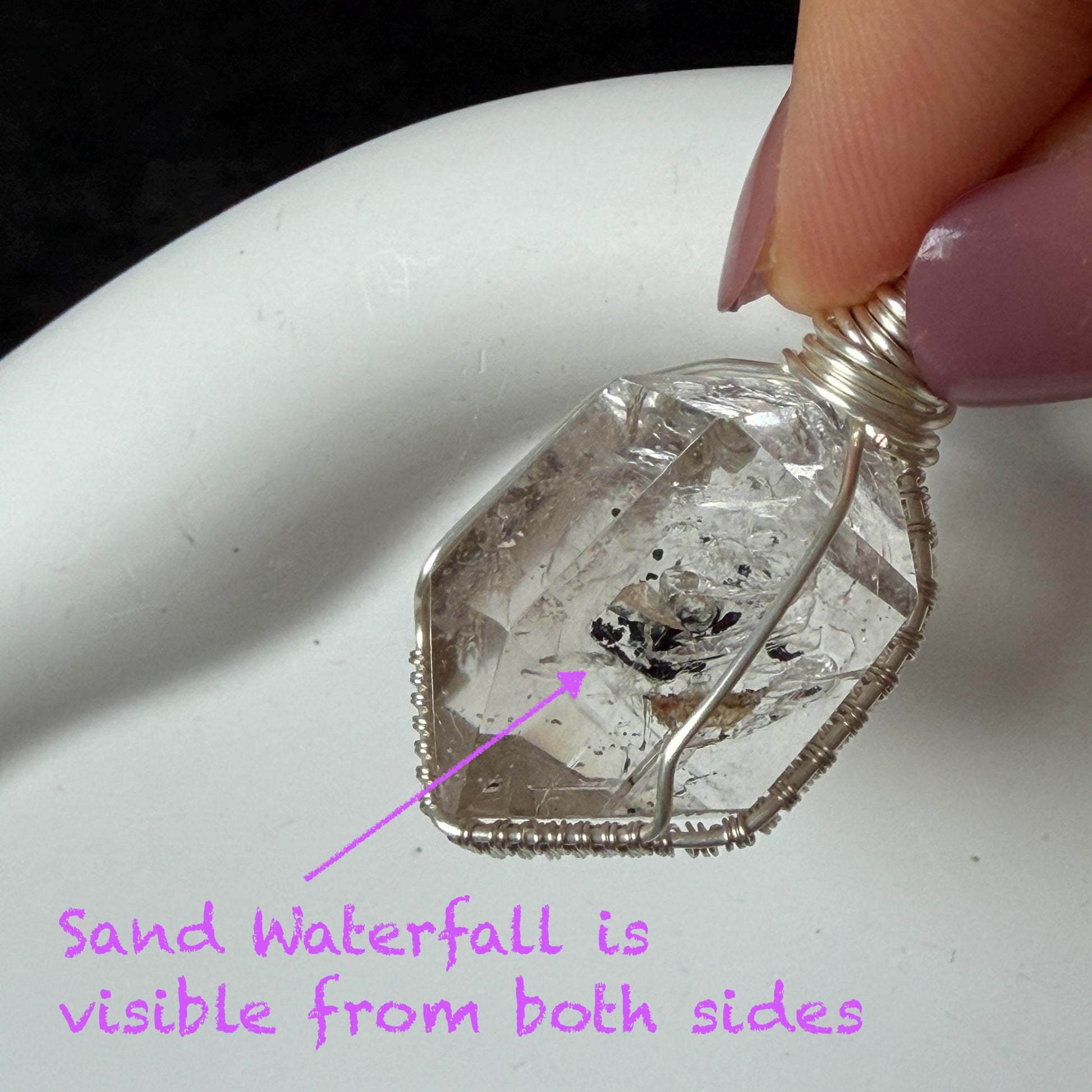 Rare Polished Enhydro Quartz (Herkimer Diamond) Wrapped Wire Pendant Adjustable Necklace | Moving Sand Waterfall | Natural Gemstone Birthstone Gift for her | Natural Gemstone Birthstone Gift for her | Rainbow Quartz Rainbow crystal enhydro quartz sand water-fall pendant necklace choker gemstone charm stone pendant choker polished stone pendant crystal charm birthstone gift for her men necklace chakra crystal purify stone minerals specimen adjustable choker silver wire wrapped pendant