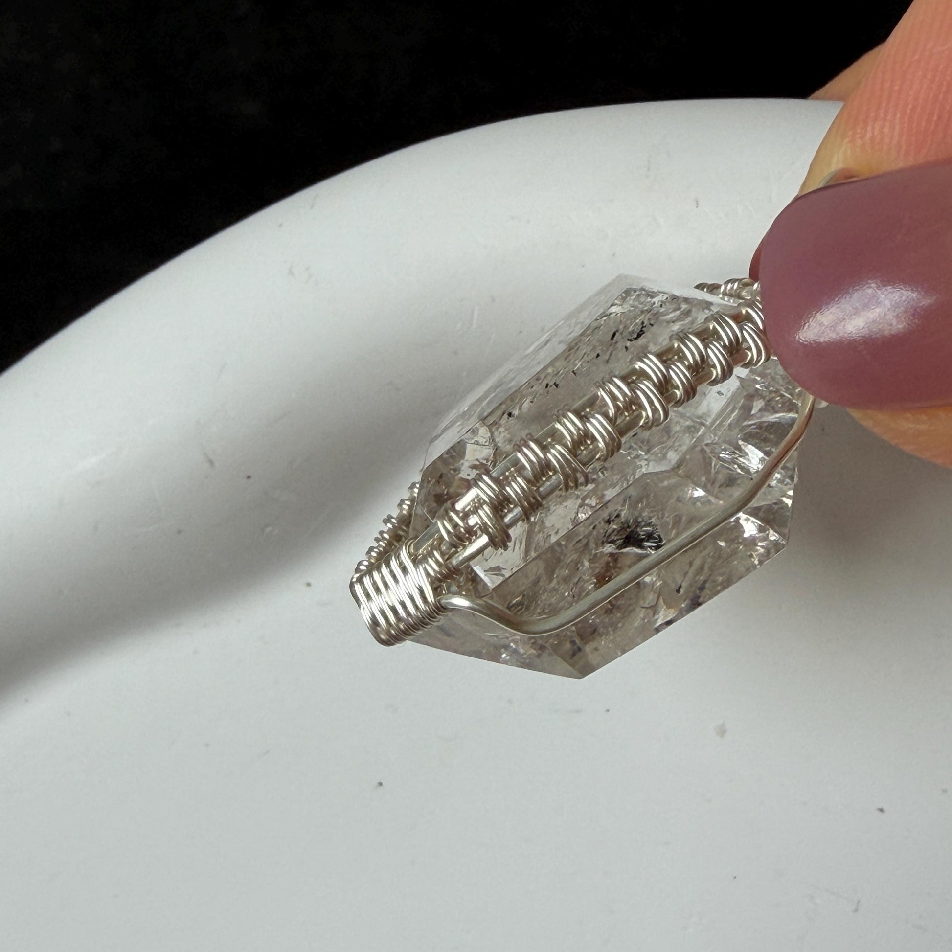 Rare Polished Enhydro Quartz (Herkimer Diamond) Wrapped Wire Pendant Adjustable Necklace | Moving Sand Waterfall | Natural Gemstone Birthstone Gift for her | Natural Gemstone Birthstone Gift for her | Rainbow Quartz Rainbow crystal enhydro quartz sand water-fall pendant necklace choker gemstone charm stone pendant choker polished stone pendant crystal charm birthstone gift for her men necklace chakra crystal purify stone minerals specimen adjustable choker silver wire wrapped pendant