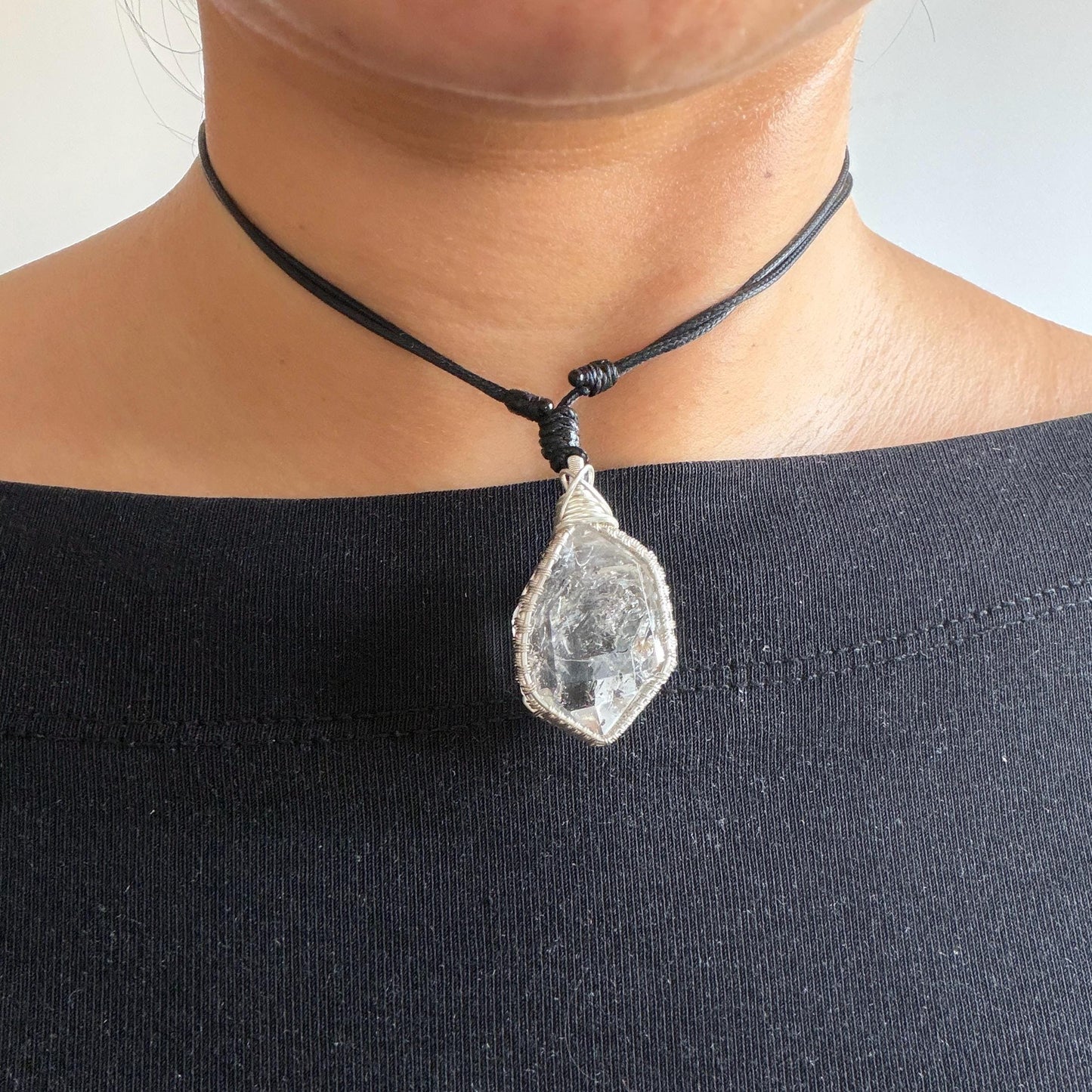 Rare Polished Enhydro Quartz (Herkimer Diamond) Wrapped Wire Pendant Adjustable Necklace | Moving Sand Waterfall | Natural Gemstone Birthstone Gift for her | Natural Gemstone Birthstone Gift for her | Rainbow Quartz Rainbow crystal enhydro quartz sand water-fall pendant necklace choker gemstone charm stone pendant choker polished stone pendant crystal charm birthstone gift for her men necklace chakra crystal purify stone minerals specimen adjustable choker silver wire wrapped pendant