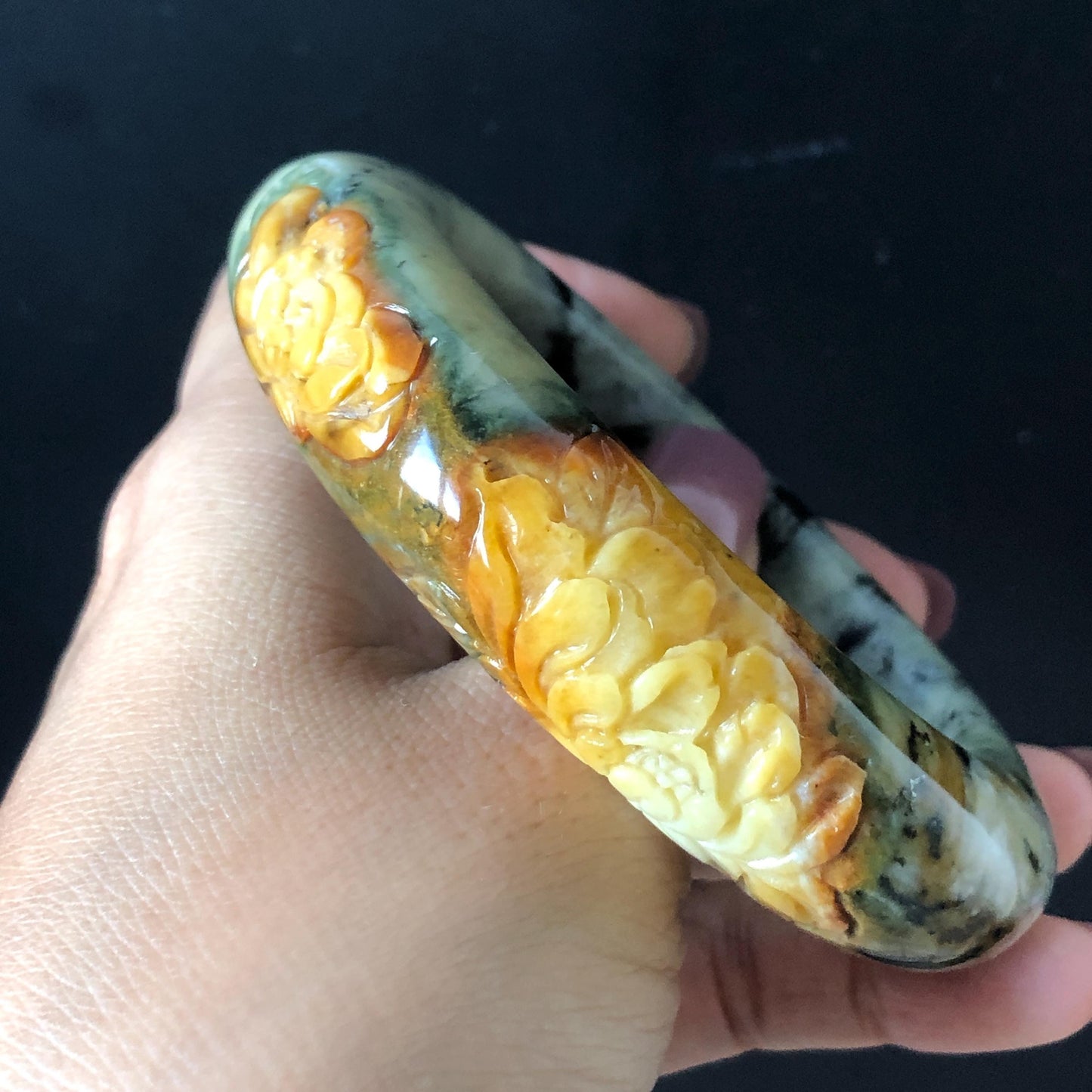 59mm Xiu Jade Serpentine Hand Carved Peony Flowers Bangle: Natural Yellow Green Jade Handcrafted Bracelet, Stone Carving Gemstone Jewelry Gift for her wide jade bangle jade carving hand engraved stone carving natural untreated jade bracelet green jade yellow jade brown jade handcraft jade peony carving flower carving chinese jade vintage bangle antique bracelet
