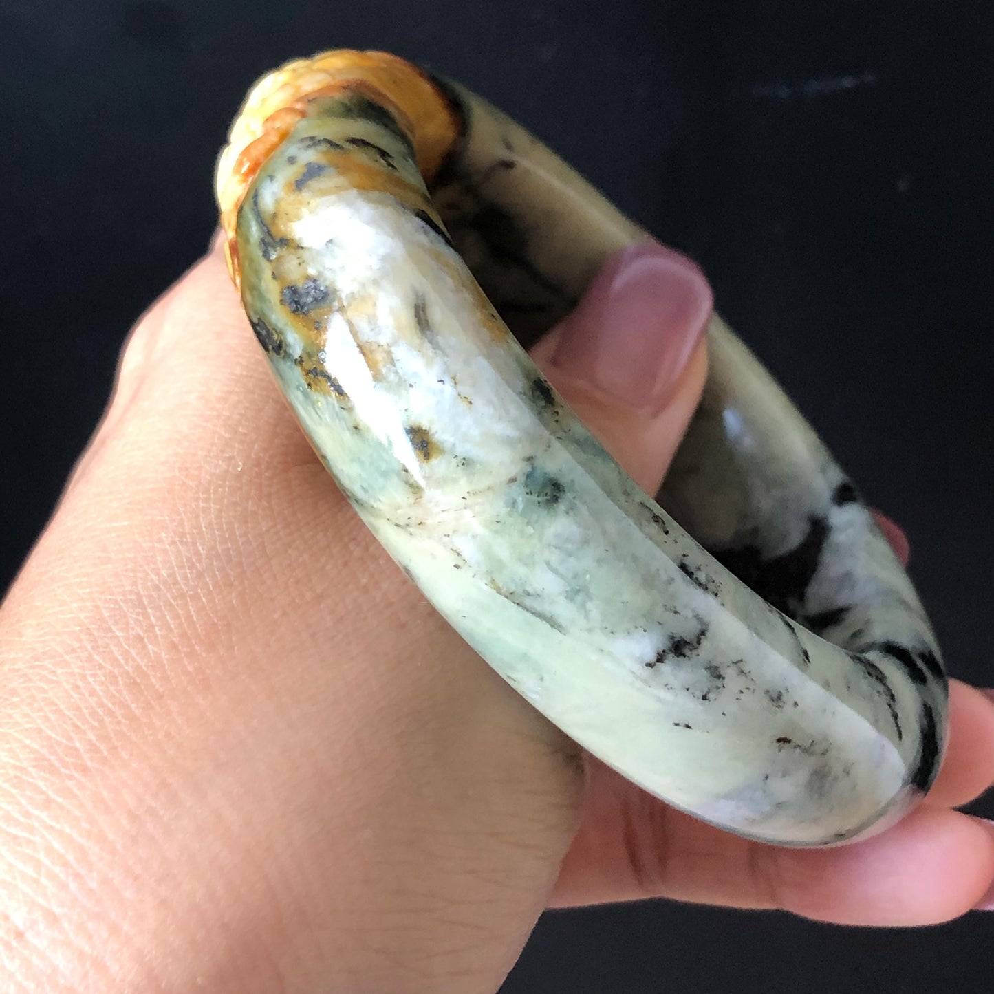 59mm Xiu Jade Serpentine Hand Carved Peony Flowers Bangle: Natural Yellow Green Jade Handcrafted Bracelet, Stone Carving Gemstone Jewelry Gift for her wide jade bangle jade carving hand engraved stone carving natural untreated jade bracelet green jade yellow jade brown jade handcraft jade peony carving flower carving chinese jade vintage bangle antique bracelet