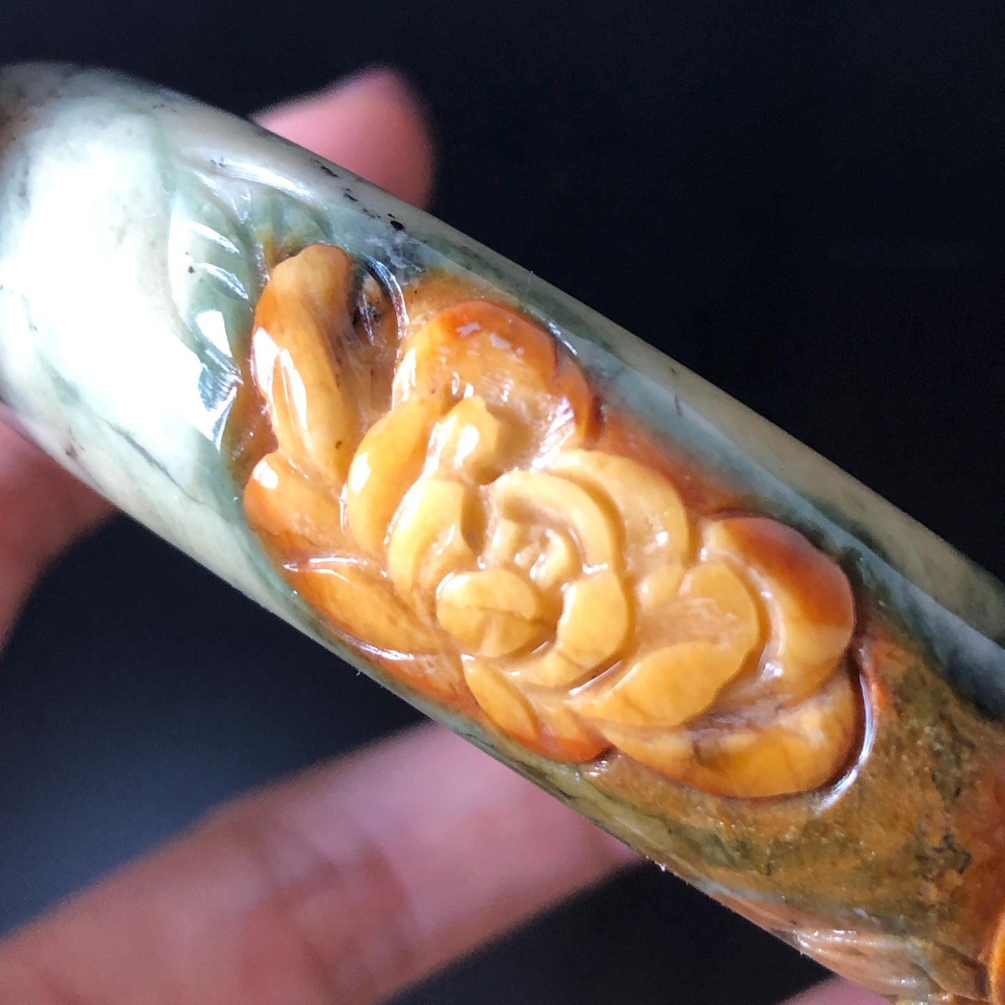 59mm Xiu Jade Serpentine Hand Carved Peony Flowers Bangle: Natural Yellow Green Jade Handcrafted Bracelet, Stone Carving Gemstone Jewelry Gift for her wide jade bangle jade carving hand engraved stone carving natural untreated jade bracelet green jade yellow jade brown jade handcraft jade peony carving flower carving chinese jade vintage bangle antique bracelet