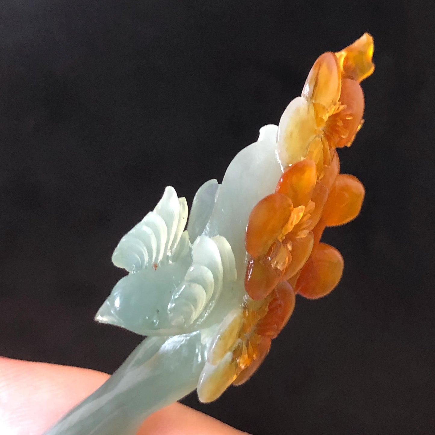 Xiu Jade (Serpentine) Hand Carved Bird & Plum Blossom Flower Hair Pin: Certified Natural Blue & Yellow Jade Hair Stick in Asian Chinese Vintage Style Gift for her, blue jade carving yellow jade brown jade orange jade bird carving flower carving plum blossom carving hand carved flower hand engraved bird certificate jade certified natural untreated jade korean hairpin japanese hair stick chinese hair comb vinatge hair fork bridal hair clip wedding hair pin engagement hair stick bi-colour jade