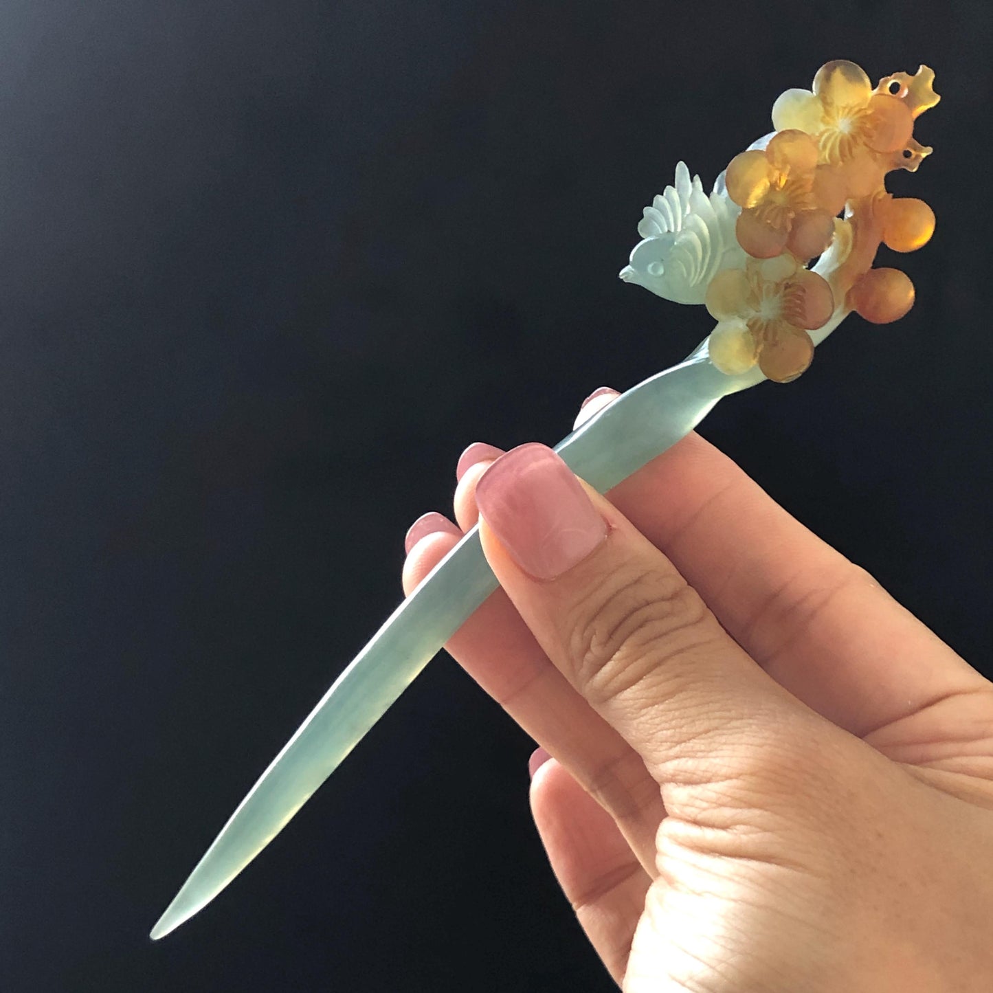 Xiu Jade (Serpentine) Hand Carved Bird & Plum Blossom Flower Hair Pin: Certified Natural Blue & Yellow Jade Hair Stick in Asian Chinese Vintage Style Gift for her, blue jade carving yellow jade brown jade orange jade bird carving flower carving plum blossom carving hand carved flower hand engraved bird certificate jade certified natural untreated jade korean hairpin japanese hair stick chinese hair comb vinatge hair fork bridal hair clip wedding hair pin engagement hair stick bi-colour jade