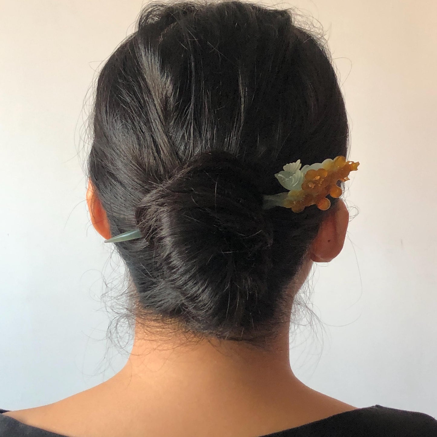 Xiu Jade (Serpentine) Hand Carved Bird & Plum Blossom Flower Hair Pin: Certified Natural Blue & Yellow Jade Hair Stick in Asian Chinese Vintage Style Gift for her, blue jade carving yellow jade brown jade orange jade bird carving flower carving plum blossom carving hand carved flower hand engraved bird certificate jade certified natural untreated jade korean hairpin japanese hair stick chinese hair comb vinatge hair fork bridal hair clip wedding hair pin engagement hair stick bi-colour jade