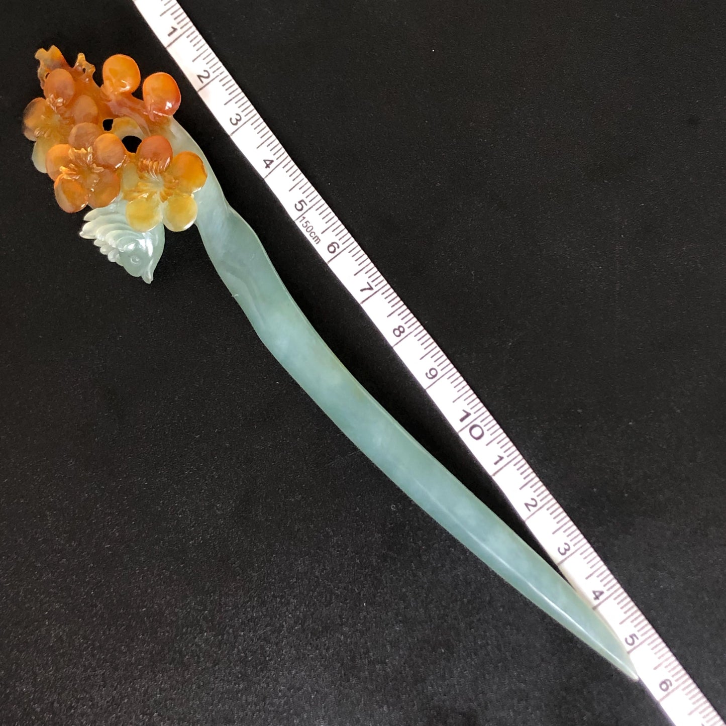 Xiu Jade (Serpentine) Hand Carved Bird & Plum Blossom Flower Hair Pin: Certified Natural Blue & Yellow Jade Hair Stick in Asian Chinese Vintage Style Gift for her, blue jade carving yellow jade brown jade orange jade bird carving flower carving plum blossom carving hand carved flower hand engraved bird certificate jade certified natural untreated jade korean hairpin japanese hair stick chinese hair comb vinatge hair fork bridal hair clip wedding hair pin engagement hair stick bi-colour jade