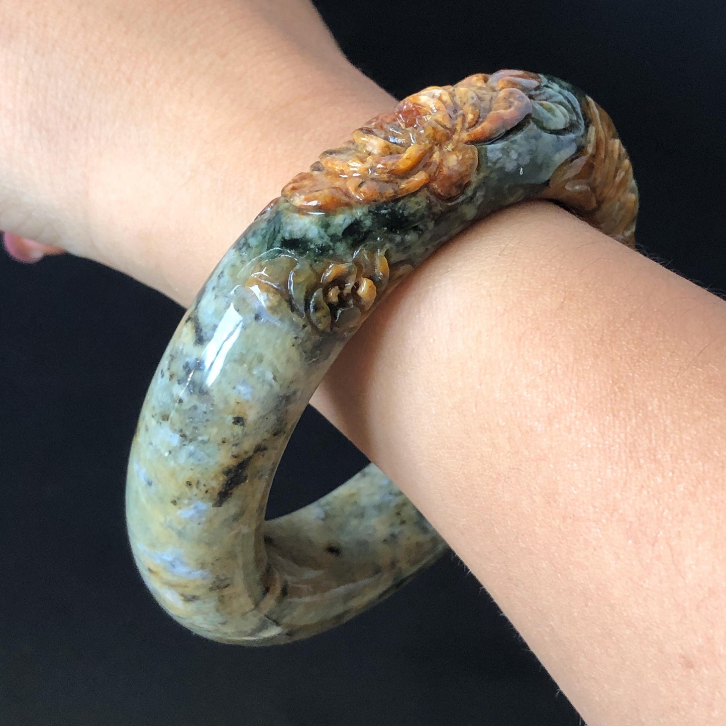 58.7mm Xiu Jade Serpentine Hand Carved Peony Flowers Bangle: Natural Brown Green Jade Handcrafted Bracelet, Stone Carving Gemstone Jewelry Gift for her wide jade bangle jade carving hand engraved stone carving natural untreated jade bracelet green jade yellow jade brown jade handcraft jade peony carving flower carving chinese jade vintage bangle antique bracelet