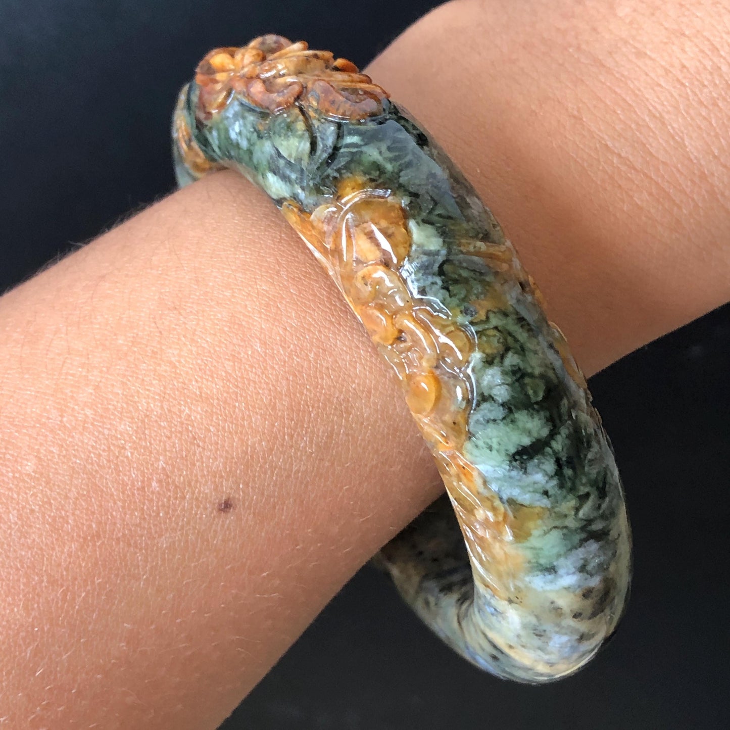 58.7mm Xiu Jade Serpentine Hand Carved Peony Flowers Bangle: Natural Brown Green Jade Handcrafted Bracelet, Stone Carving Gemstone Jewelry Gift for her wide jade bangle jade carving hand engraved stone carving natural untreated jade bracelet green jade yellow jade brown jade handcraft jade peony carving flower carving chinese jade vintage bangle antique bracelet