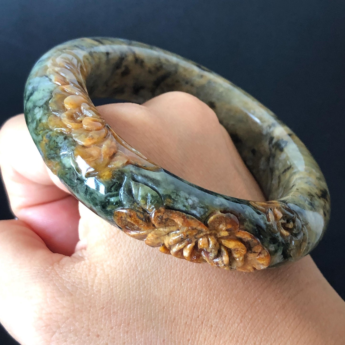 58.7mm Xiu Jade Serpentine Hand Carved Peony Flowers Bangle: Natural Brown Green Jade Handcrafted Bracelet, Stone Carving Gemstone Jewelry Gift for her wide jade bangle jade carving hand engraved stone carving natural untreated jade bracelet green jade yellow jade brown jade handcraft jade peony carving flower carving chinese jade vintage bangle antique bracelet