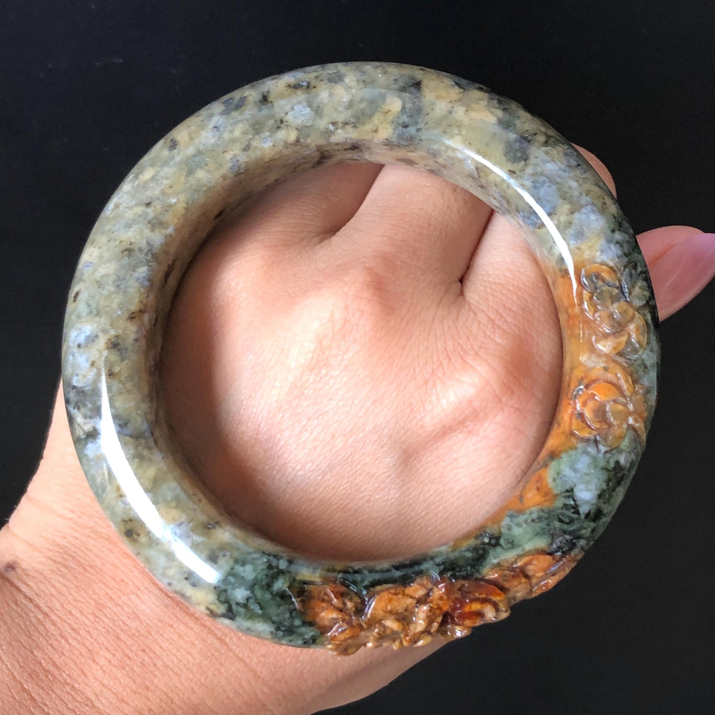 58.7mm Xiu Jade Serpentine Hand Carved Peony Flowers Bangle: Natural Brown Green Jade Handcrafted Bracelet, Stone Carving Gemstone Jewelry Gift for her wide jade bangle jade carving hand engraved stone carving natural untreated jade bracelet green jade yellow jade brown jade handcraft jade peony carving flower carving chinese jade vintage bangle antique bracelet