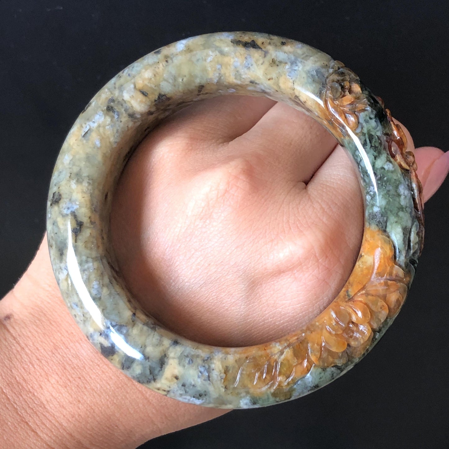 58.7mm Xiu Jade Serpentine Hand Carved Peony Flowers Bangle: Natural Brown Green Jade Handcrafted Bracelet, Stone Carving Gemstone Jewelry Gift for her wide jade bangle jade carving hand engraved stone carving natural untreated jade bracelet green jade yellow jade brown jade handcraft jade peony carving flower carving chinese jade vintage bangle antique bracelet