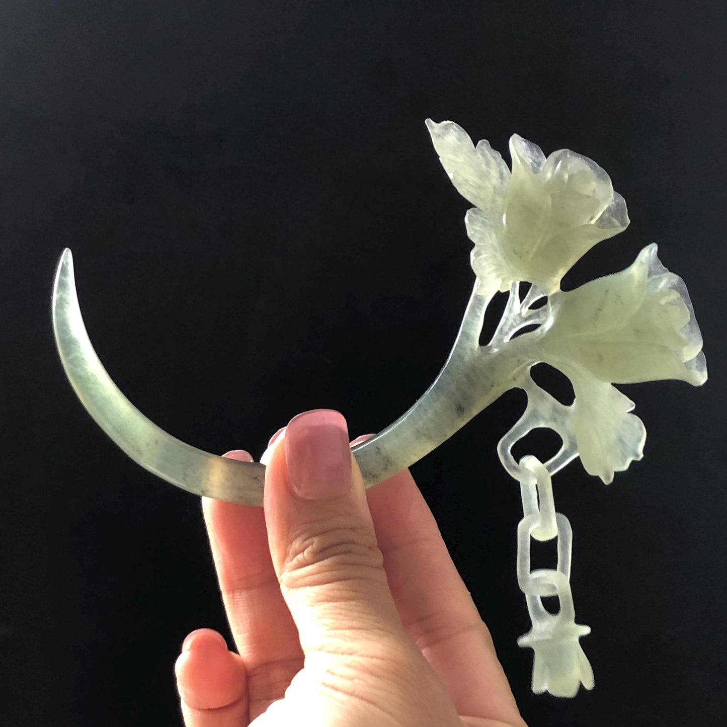 Xiu Jade Serpentine Rose Hair Stick with Dangle: Certificate Green Jade Hand Carved Half Moon Hair Pin, Hanfu Vintage Antique Hair Jewelry Chinese Hair Fork with Certificate Vintage Bridal Hair Fork Gift for her japanese hairpin korean hair stick chinese hair fork vintage hair comb antique hair pins hanfu hair stick bridal shower hair jewelry engagement hair accessory jade carving hand engraved jade rose carving jade hairpins untreated natural jade with certificate handcrafted jade stone carving