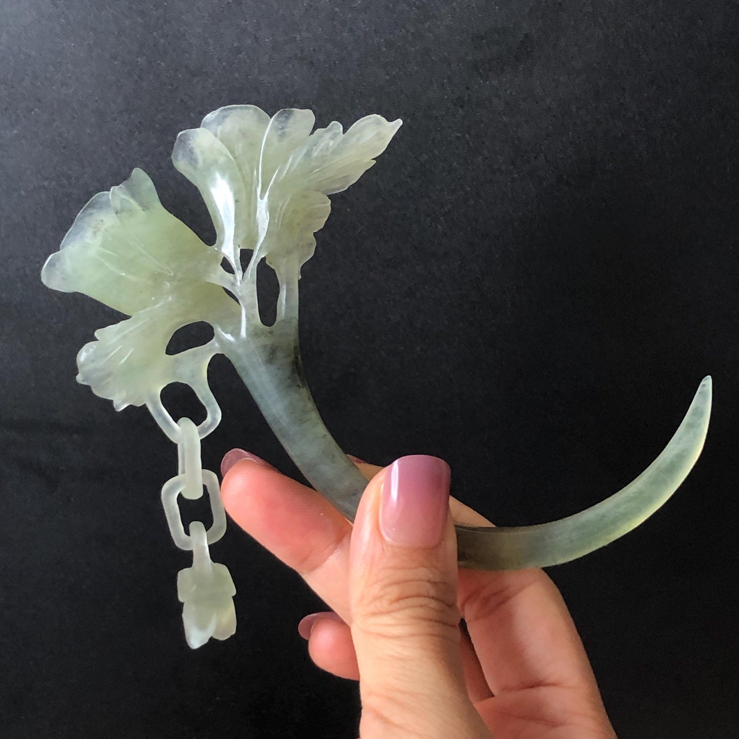 Xiu Jade Serpentine Rose Hair Stick with Dangle: Certificate Green Jade Hand Carved Half Moon Hair Pin, Hanfu Vintage Antique Hair Jewelry Chinese Hair Fork with Certificate Vintage Bridal Hair Fork Gift for her japanese hairpin korean hair stick chinese hair fork vintage hair comb antique hair pins hanfu hair stick bridal shower hair jewelry engagement hair accessory jade carving hand engraved jade rose carving jade hairpins untreated natural jade with certificate handcrafted jade stone carving