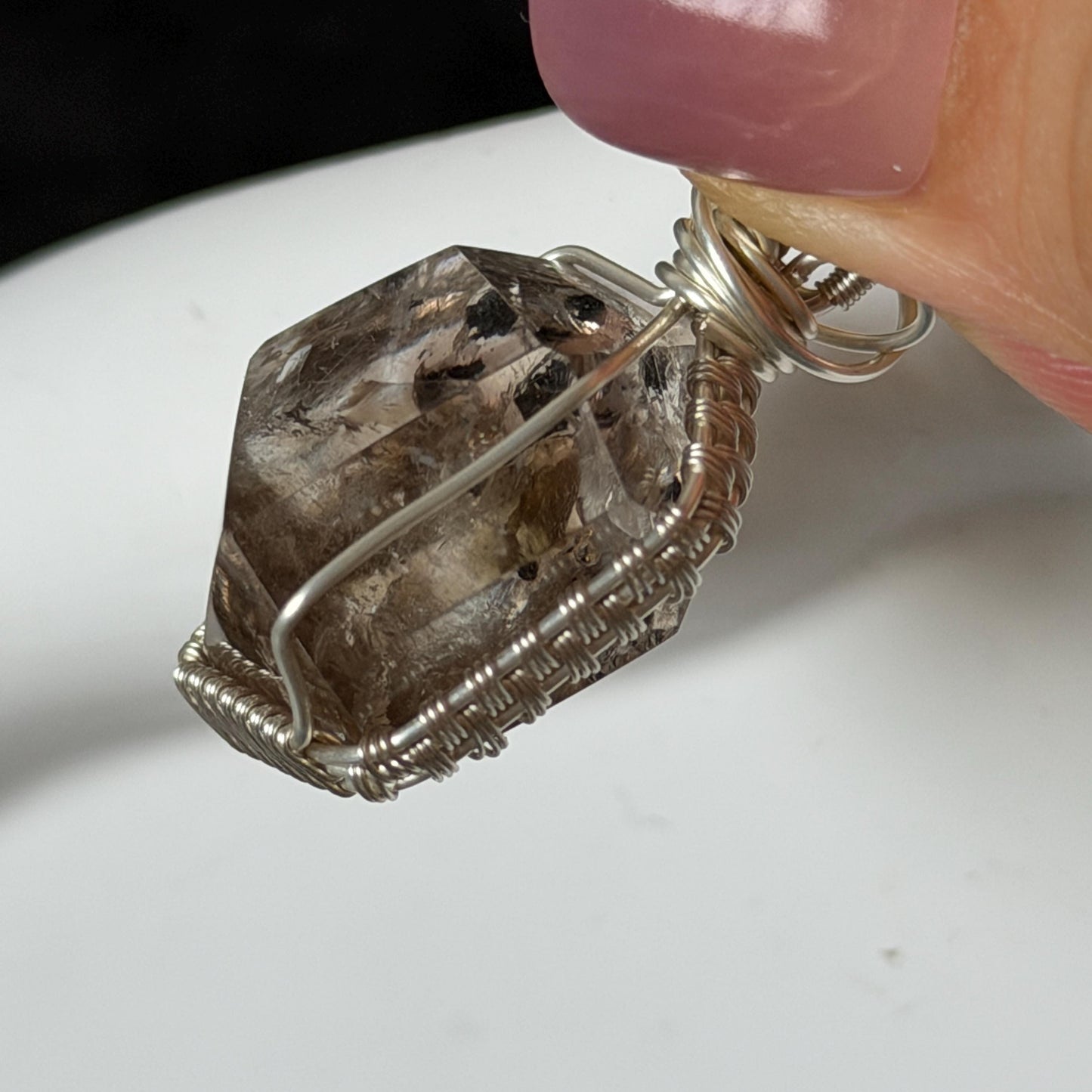 Rare Polished Smoky Enhydro Quartz (Herkimer Diamond) Wire Wrapped Pendant Adjustable Necklace:  Rainbow! Moving Sand charm| Natural Gemstone Birthstone Gift for her  | Natural Gemstone Birthstone Gift for her | Rainbow Quartz Rainbow crystal enhydro quartz sand water-fall pendant necklace choker gemstone charm stone pendant choker polished stone pendant crystal charm birthstone gift for her men necklace chakra crystal purify stone minerals specimen adjustable choker silver wire wrapped pendant