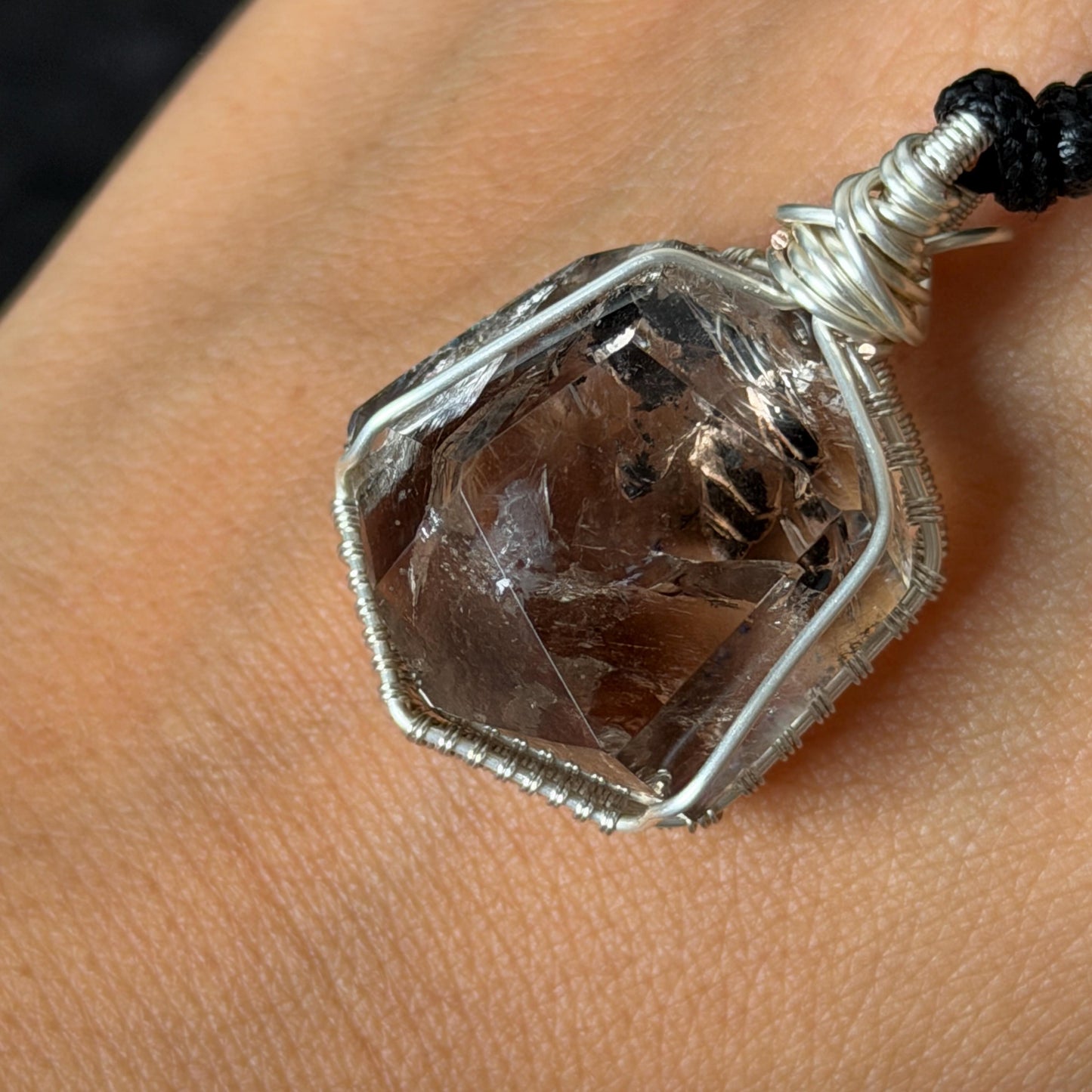 Rare Polished Smoky Enhydro Quartz (Herkimer Diamond) Wire Wrapped Pendant Adjustable Necklace:  Rainbow! Moving Sand charm| Natural Gemstone Birthstone Gift for her  | Natural Gemstone Birthstone Gift for her | Rainbow Quartz Rainbow crystal enhydro quartz sand water-fall pendant necklace choker gemstone charm stone pendant choker polished stone pendant crystal charm birthstone gift for her men necklace chakra crystal purify stone minerals specimen adjustable choker silver wire wrapped pendant