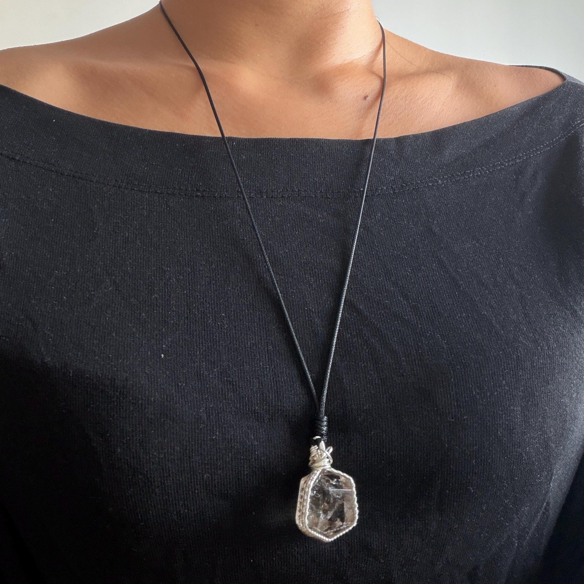 Rare Polished Smoky Enhydro Quartz (Herkimer Diamond) Wire Wrapped Pendant Adjustable Necklace:  Rainbow! Moving Sand charm| Natural Gemstone Birthstone Gift for her  | Natural Gemstone Birthstone Gift for her | Rainbow Quartz Rainbow crystal enhydro quartz sand water-fall pendant necklace choker gemstone charm stone pendant choker polished stone pendant crystal charm birthstone gift for her men necklace chakra crystal purify stone minerals specimen adjustable choker silver wire wrapped pendant