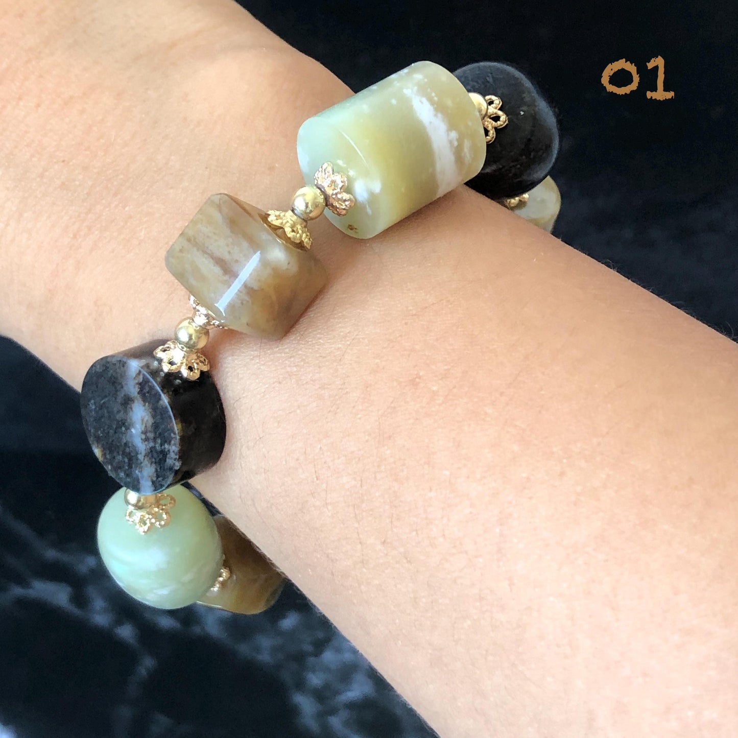 Natural Nephrite Jade Bracelet Milk Tea & Cookies Collection Untreated White Jade Brown Jade Elastic Bracelet Big Bead Bracelet Big Beaded Bracelet Jade Bead Bangle Chinese Jade Vintage Bracelet Antique Bracelet Gift for her Flexible Bracelet with honey brown jade deep brown jade white jade 14k gold plated accessory nephrite beads bold bracelet irregular beads bracelet tailor made bracelet customized bracelet diy bracelet