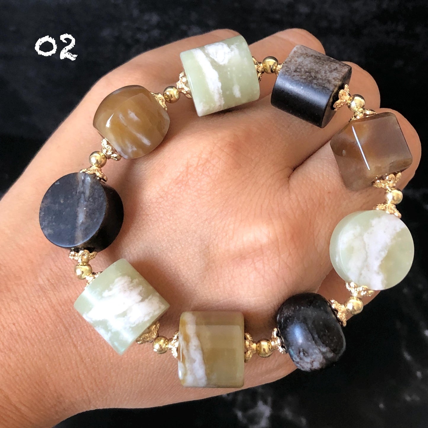Natural Nephrite Jade Bracelet Milk Tea & Cookies Collection Untreated White Jade Brown Jade Elastic Bracelet Big Bead Bracelet Big Beaded Bracelet Jade Bead Bangle Chinese Jade Vintage Bracelet Antique Bracelet Gift for her Flexible Bracelet with honey brown jade deep brown jade white jade 14k gold plated accessory nephrite beads bold bracelet irregular beads bracelet tailor made bracelet customized bracelet diy bracelet