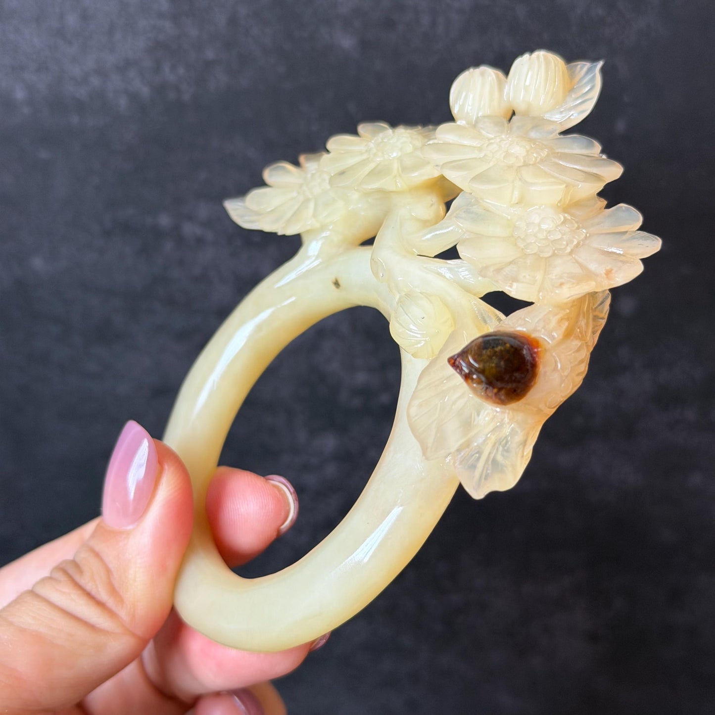Xiu Jade Serpentine Hand Carved Bird & Daisy Flower Hair Pin: Certified Natural Beige Jade Hair Stick, Asian Vintage Hair Fork | Chinese Vintage Hanfu Antique Gift for her japanese hairpin korean hair stick chinese hair fork vintage hair comb antique hair pins hanfu hair stick bridal shower hair jewelry wedding headpiece engagement hair accessory jade carving hand engraved jade hand carved flower jade hairpins untreated natural jade with certificate bird carving daisy carving bi-colour jade