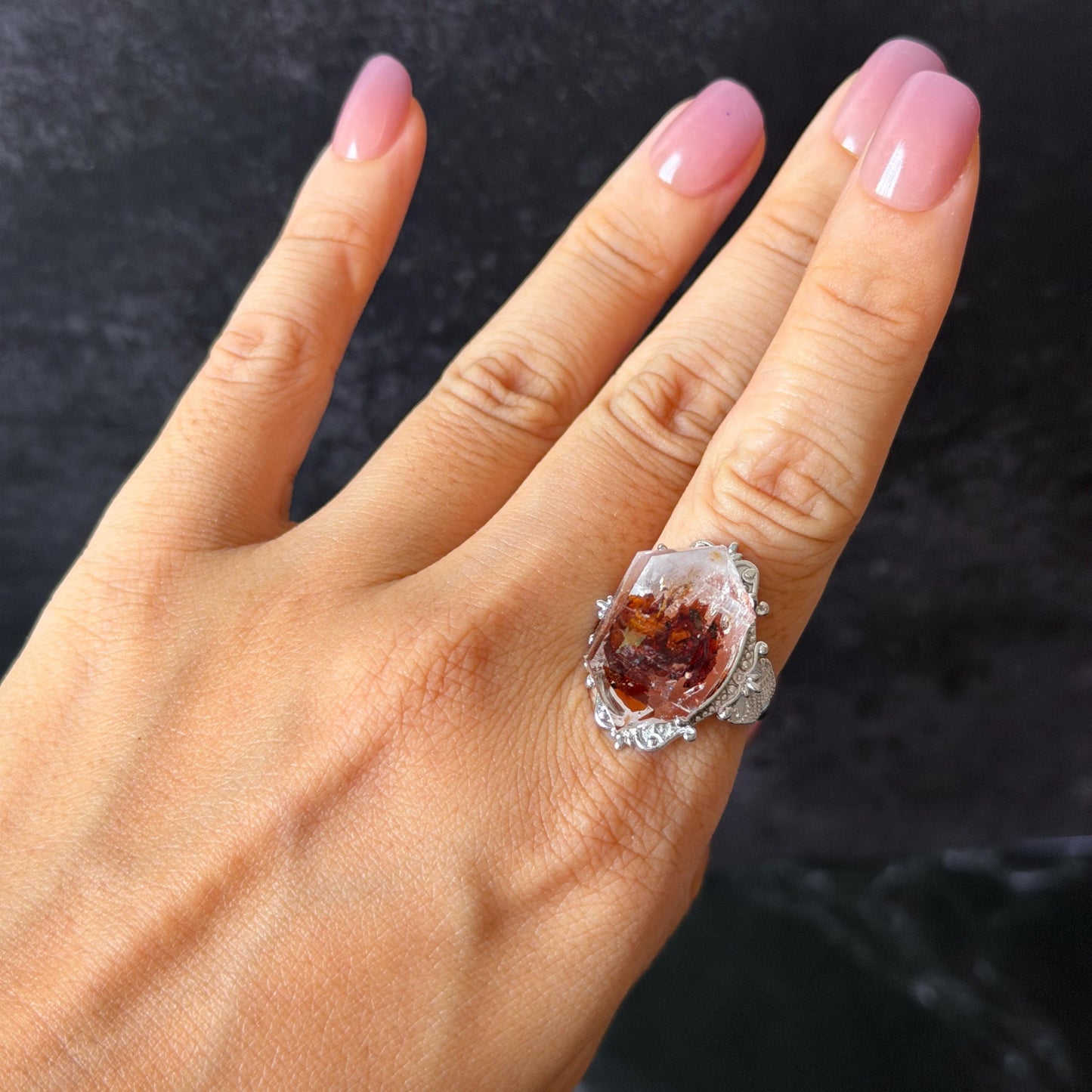 Polished Petroleum Enhydro Quartz S925 Sliver Adjustable Statement Ring: Moving Bubble in Golden Red Petroleum Oil Inclusion | Natural Gemstone Birthstone Gift for her golden red oil enhydro quartz cocktail ring for women bold ring for men meditation rock healing stone chakra crystal big size ring crystal band ring herkimer diamond silver ring