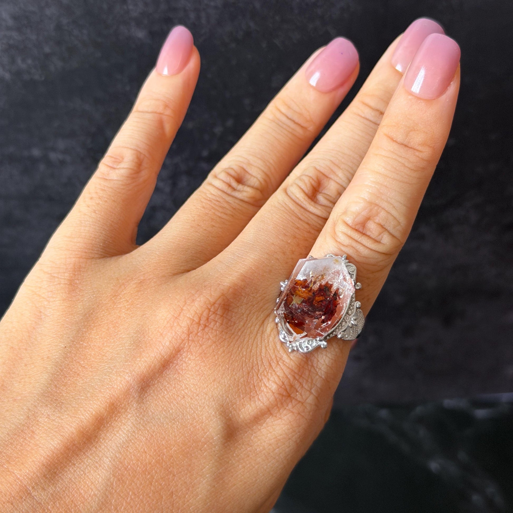 Polished Petroleum Enhydro Quartz S925 Sliver Adjustable Statement Ring: Moving Bubble in Golden Red Petroleum Oil Inclusion | Natural Gemstone Birthstone Gift for her golden red oil enhydro quartz cocktail ring for women bold ring for men meditation rock healing stone chakra crystal big size ring crystal band ring herkimer diamond silver ring