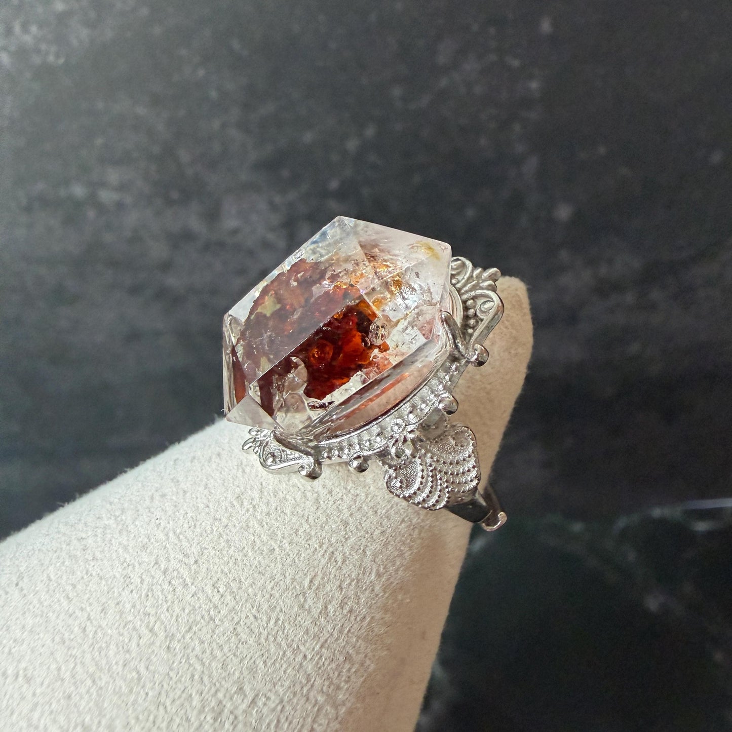 Polished Petroleum Enhydro Quartz S925 Sliver Adjustable Statement Ring: Moving Bubble in Golden Red Petroleum Oil Inclusion | Natural Gemstone Birthstone Gift for her golden red oil enhydro quartz cocktail ring for women bold ring for men meditation rock healing stone chakra crystal big size ring crystal band ring herkimer diamond silver ring