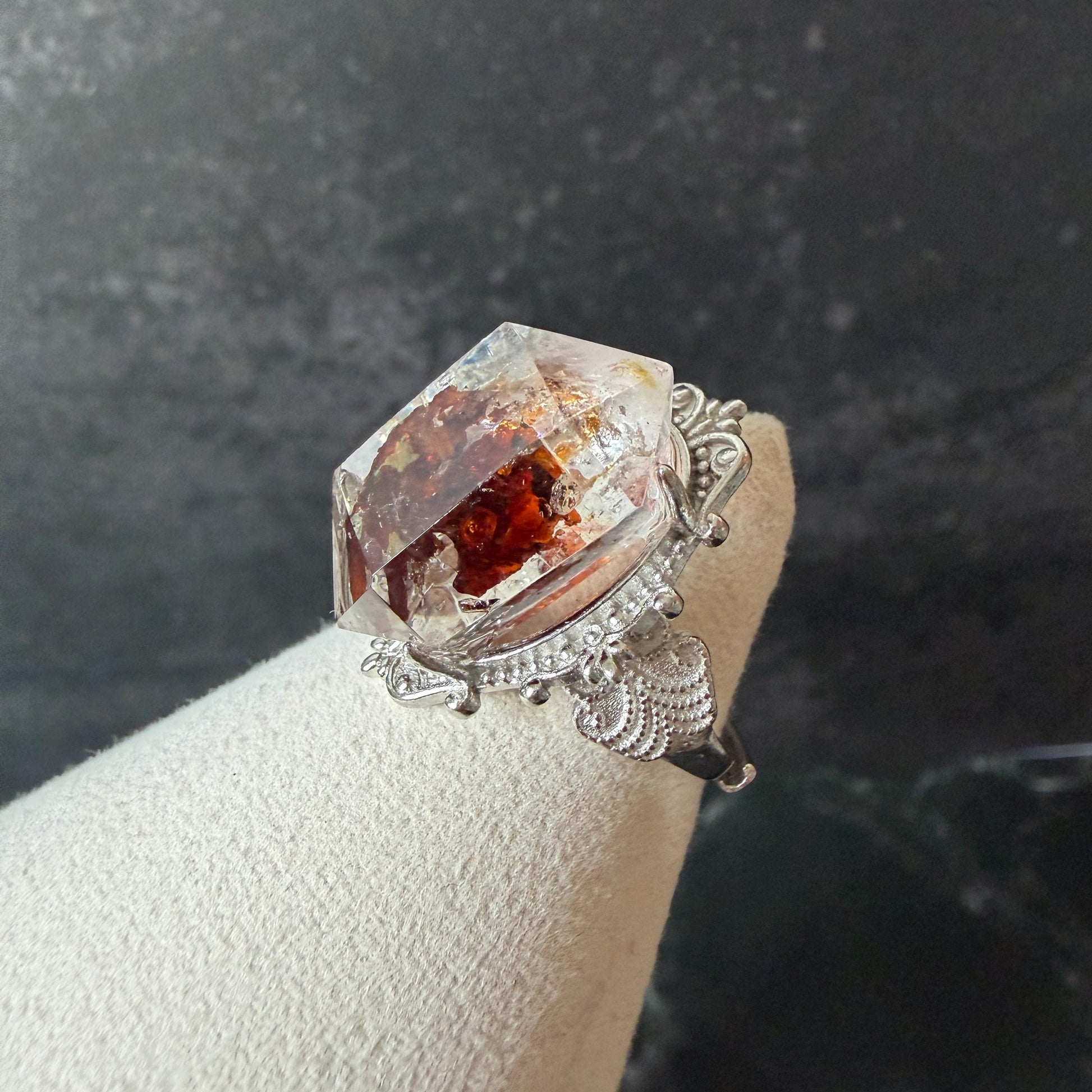 Polished Petroleum Enhydro Quartz S925 Sliver Adjustable Statement Ring: Moving Bubble in Golden Red Petroleum Oil Inclusion | Natural Gemstone Birthstone Gift for her golden red oil enhydro quartz cocktail ring for women bold ring for men meditation rock healing stone chakra crystal big size ring crystal band ring herkimer diamond silver ring