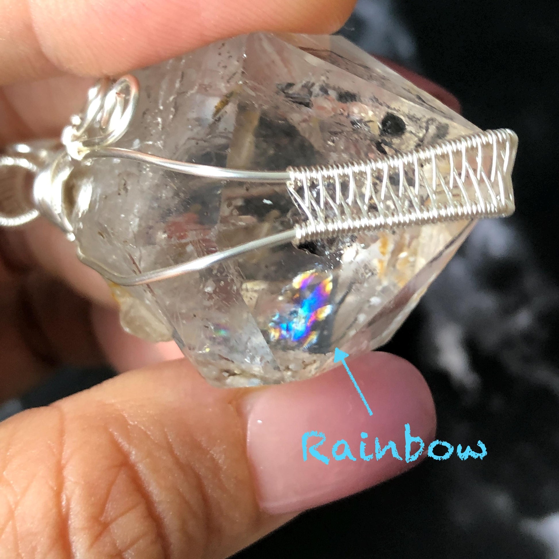 Raw Enhydro Quartz (Herkimer Diamond) Wire Wrapped Pendant Adjustable Necklace | Rainbow! Moving Sand & Black Bubble | Natural Gemstone Birthstone Gift for her  | Rainbow Quartz Rainbow crystal enhydro quartz sand water-fall pendant necklace choker gemstone charm stone pendant choker polished stone pendant crystal charm birthstone gift for her men necklace chakra crystal purify stone minerals specimen adjustable choker mica quartz mica flakes silver wire wrapped pendant