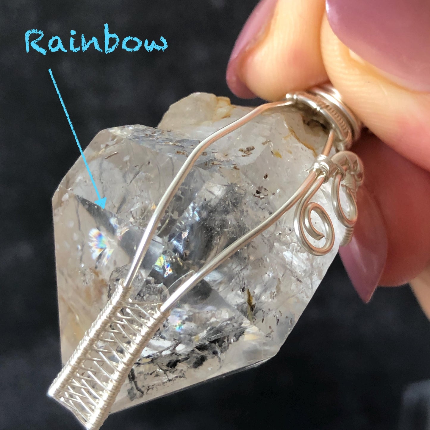 Raw Enhydro Quartz (Herkimer Diamond) Wire Wrapped Pendant Adjustable Necklace | Rainbow! Moving Sand & Black Bubble | Natural Gemstone Birthstone Gift for her  | Rainbow Quartz Rainbow crystal enhydro quartz sand water-fall pendant necklace choker gemstone charm stone pendant choker polished stone pendant crystal charm birthstone gift for her men necklace chakra crystal purify stone minerals specimen adjustable choker mica quartz mica flakes silver wire wrapped pendant