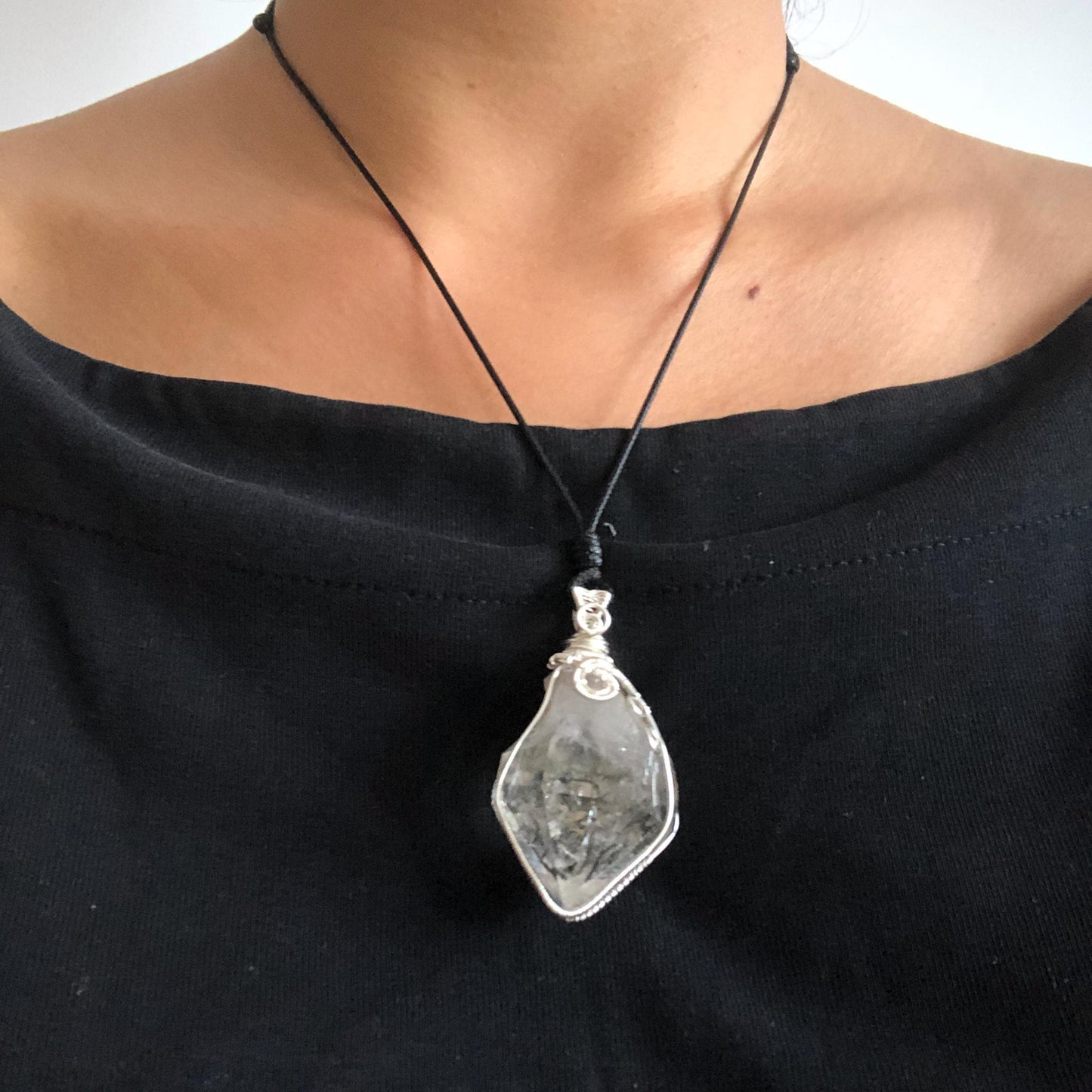 Raw Enhydro Quartz (Herkimer Diamond) Wire Wrapped Pendant Adjustable Necklace | Rainbow! Moving Sand & Black Bubble | Natural Gemstone Birthstone Gift for her  | Rainbow Quartz Rainbow crystal enhydro quartz sand water-fall pendant necklace choker gemstone charm stone pendant choker polished stone pendant crystal charm birthstone gift for her men necklace chakra crystal purify stone minerals specimen adjustable choker mica quartz mica flakes silver wire wrapped pendant