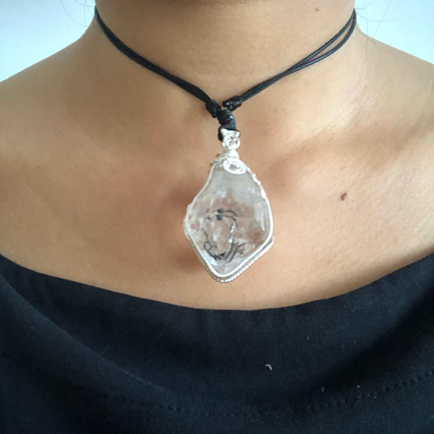 Raw Enhydro Quartz (Herkimer Diamond) Wire Wrapped Pendant Adjustable Necklace | Rainbow! Moving Sand & Black Bubble | Natural Gemstone Birthstone Gift for her  | Rainbow Quartz Rainbow crystal enhydro quartz sand water-fall pendant necklace choker gemstone charm stone pendant choker polished stone pendant crystal charm birthstone gift for her men necklace chakra crystal purify stone minerals specimen adjustable choker mica quartz mica flakes silver wire wrapped pendant