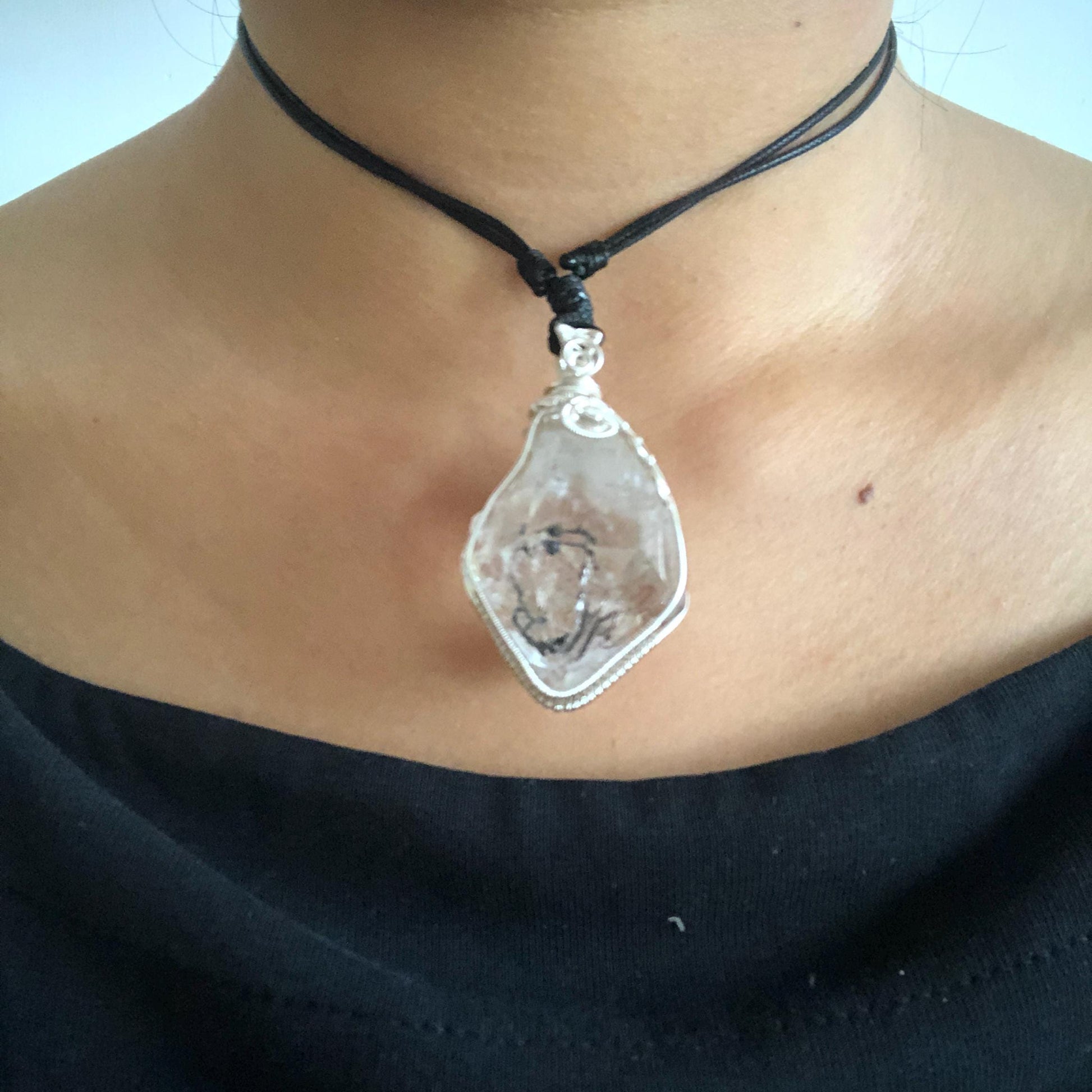 Raw Enhydro Quartz (Herkimer Diamond) Wire Wrapped Pendant Adjustable Necklace | Rainbow! Moving Sand & Black Bubble | Natural Gemstone Birthstone Gift for her  | Rainbow Quartz Rainbow crystal enhydro quartz sand water-fall pendant necklace choker gemstone charm stone pendant choker polished stone pendant crystal charm birthstone gift for her men necklace chakra crystal purify stone minerals specimen adjustable choker mica quartz mica flakes silver wire wrapped pendant