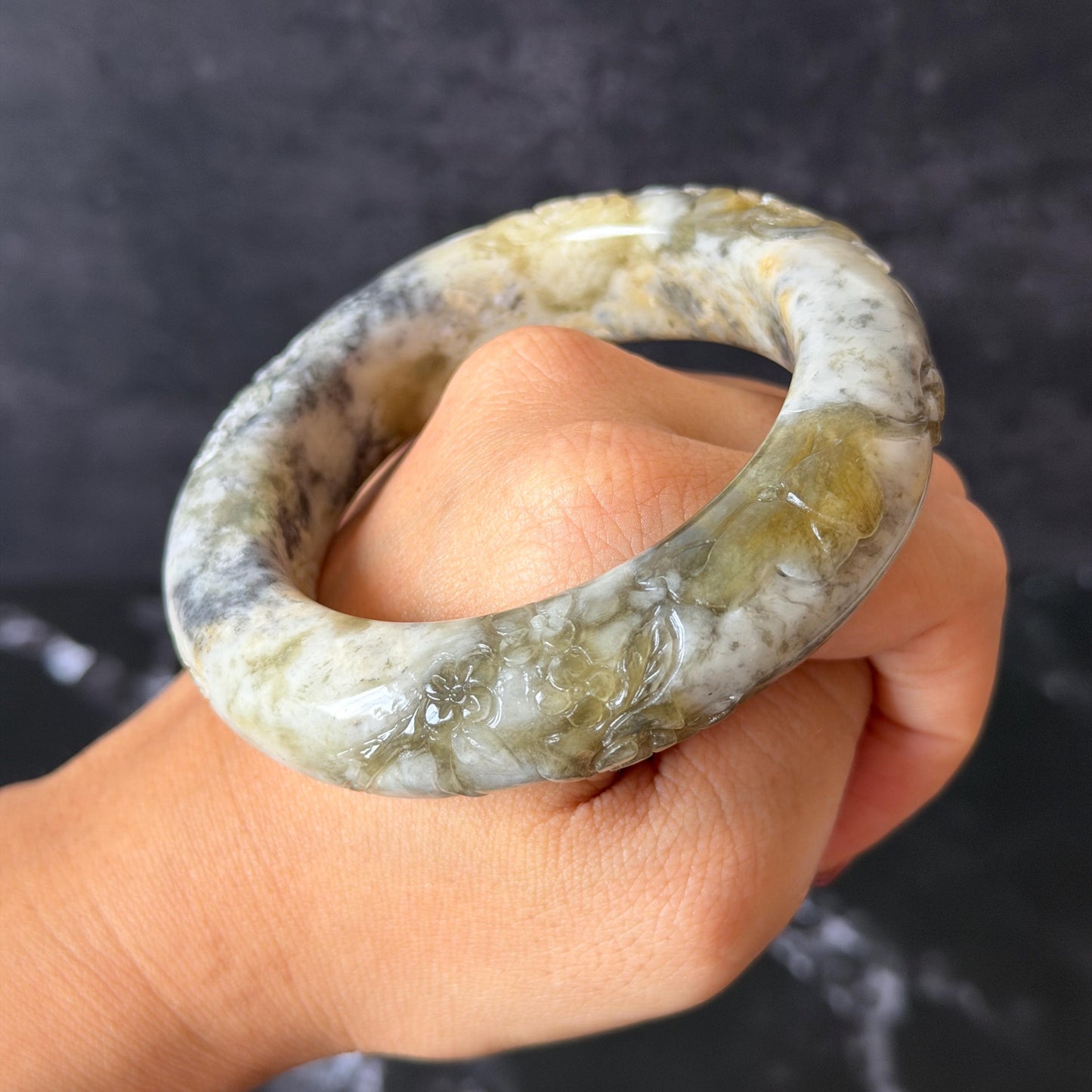 56.4mm Xiu Jade Serpentine Hand Carved Peony Flowers Bangle: Natural Gray White Green Jade Handcrafted Bracelet, Stone Carving Gemstone Jewelry
Gift for her wide jade bangle jade carving hand engraved stone carving natural untreated jade bracelet white jade green jade gray jade handcraft jade peony carving flower carving chinese jade vintage bangle antique bracelet Osmanthus flower antique bangle hand engraved jewelry lotus carving lotus leaves