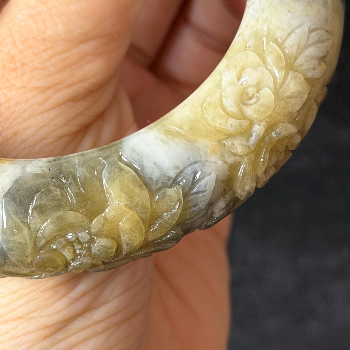 56.4mm Xiu Jade Serpentine Hand Carved Peony Flowers Bangle: Natural Gray White Green Jade Handcrafted Bracelet, Stone Carving Jewelry