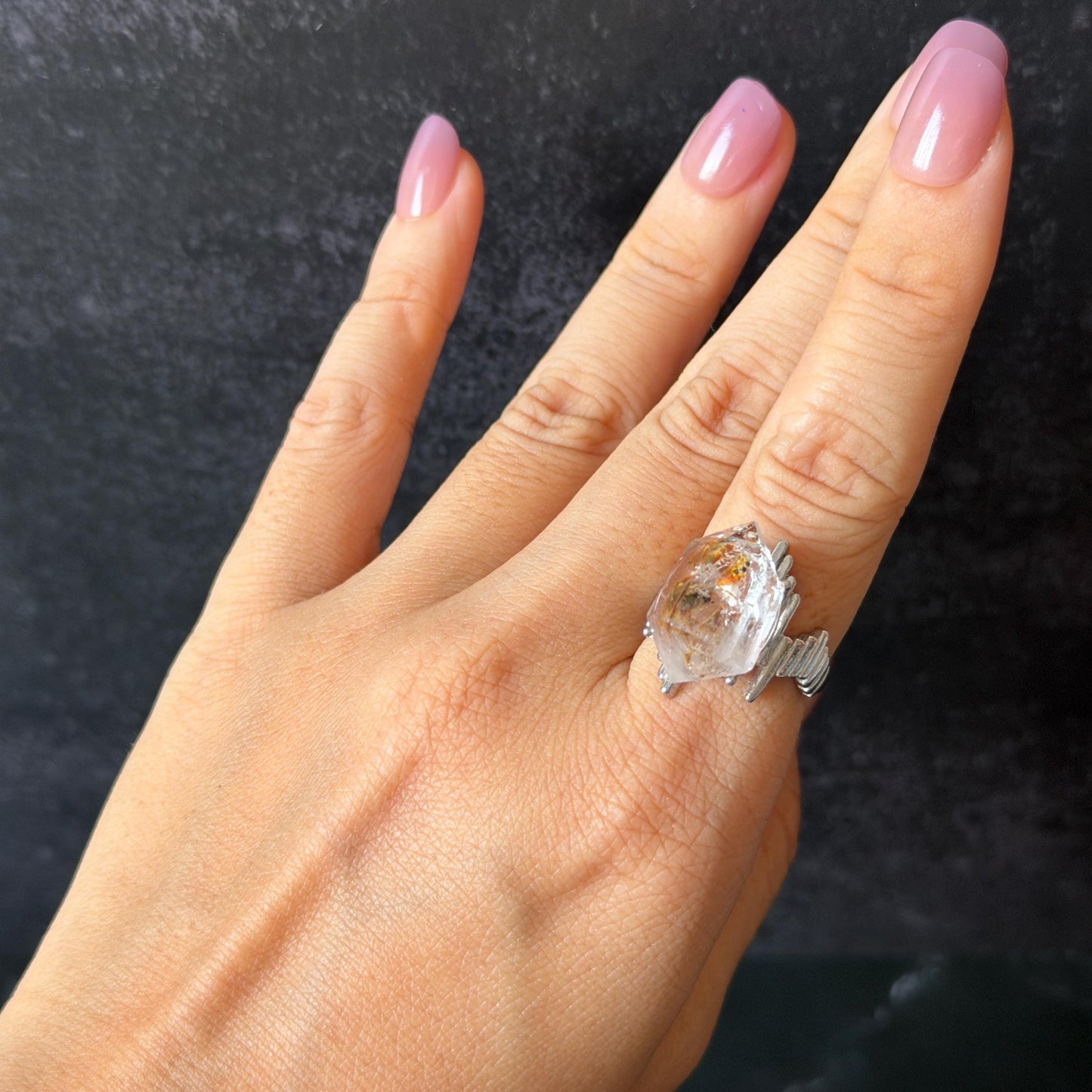 Polished Petroleum Enhydro Quartz S925 Sliver Adjustable Statement Ring: two Moving Bubble in Golden Red Petroleum Oil Inclusion | Natural Gemstone Birthstone Gift for her golden red oil enhydro quartz cocktail ring for women bold ring for men meditation rock healing stone chakra crystal big size ring crystal band ring herkimer diamond silver ring