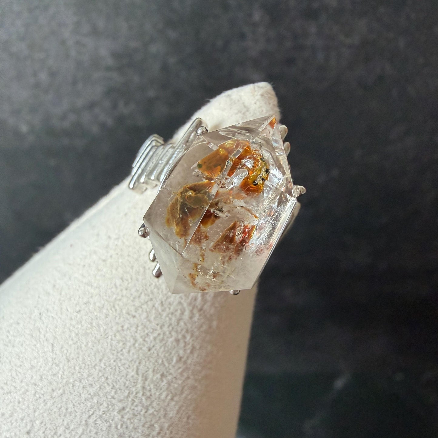 Polished Petroleum Enhydro Quartz S925 Sliver Adjustable Statement Ring: two Moving Bubble in Golden Red Petroleum Oil Inclusion | Natural Gemstone Birthstone Gift for her golden red oil enhydro quartz cocktail ring for women bold ring for men meditation rock healing stone chakra crystal big size ring crystal band ring herkimer diamond silver ring
