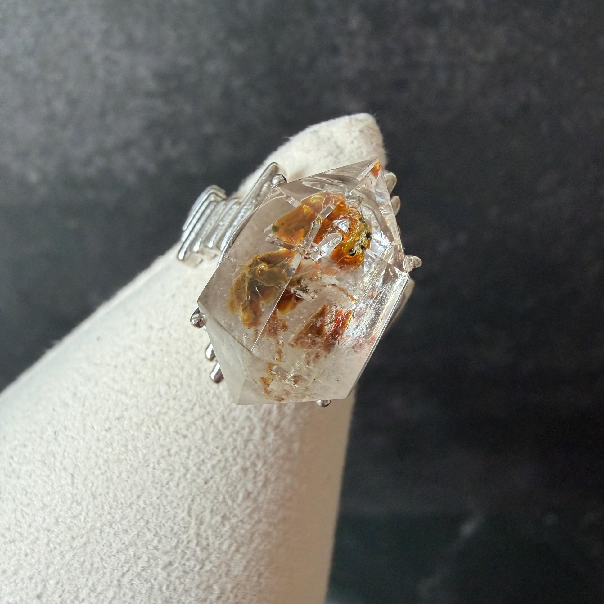 Polished Petroleum Enhydro Quartz S925 Sliver Adjustable Statement Ring: two Moving Bubble in Golden Red Petroleum Oil Inclusion | Natural Gemstone Birthstone Gift for her golden red oil enhydro quartz cocktail ring for women bold ring for men meditation rock healing stone chakra crystal big size ring crystal band ring herkimer diamond silver ring