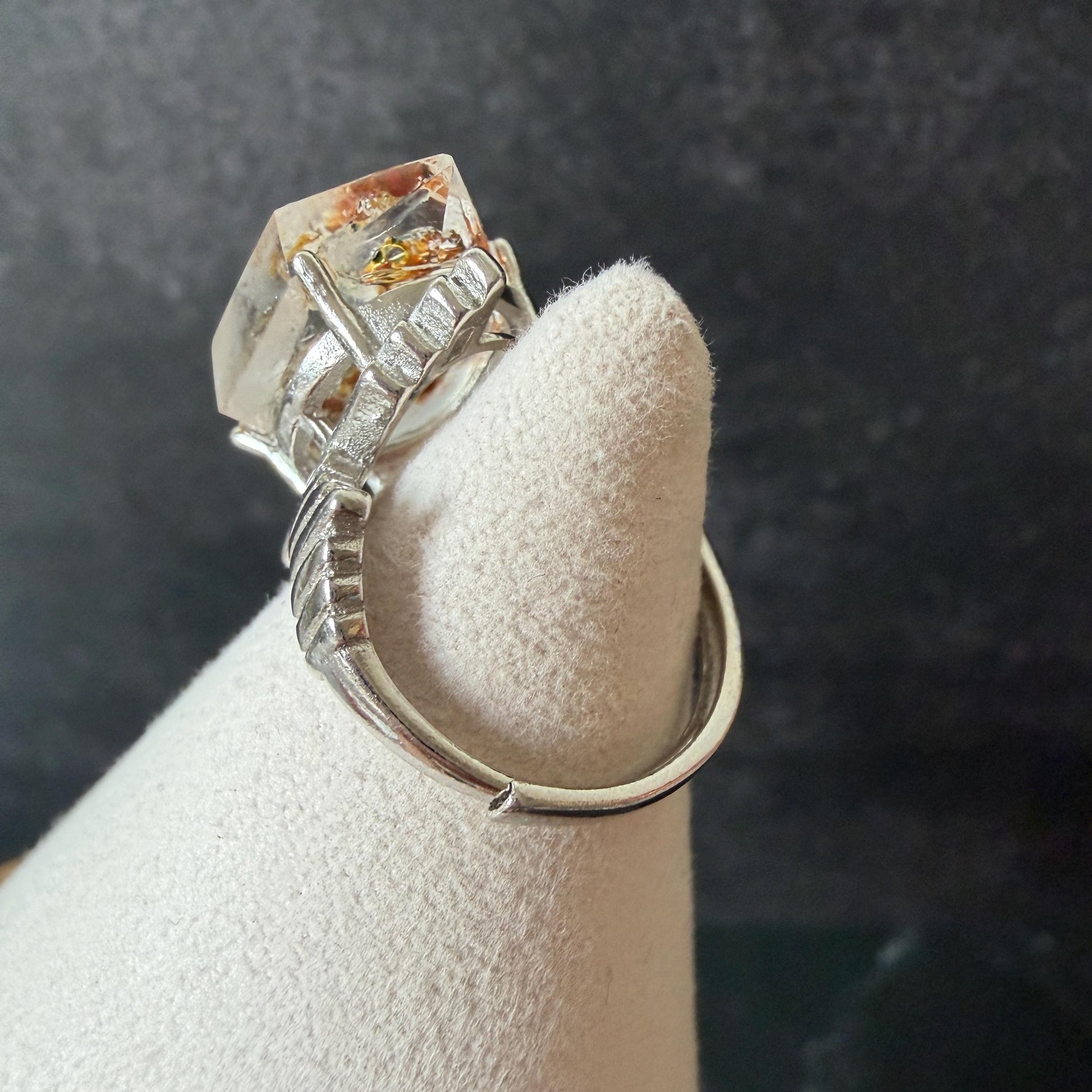 Polished Petroleum Enhydro Quartz S925 Sliver Adjustable Statement Ring: two Moving Bubble in Golden Red Petroleum Oil Inclusion | Natural Gemstone Birthstone Gift for her golden red oil enhydro quartz cocktail ring for women bold ring for men meditation rock healing stone chakra crystal big size ring crystal band ring herkimer diamond silver ring
