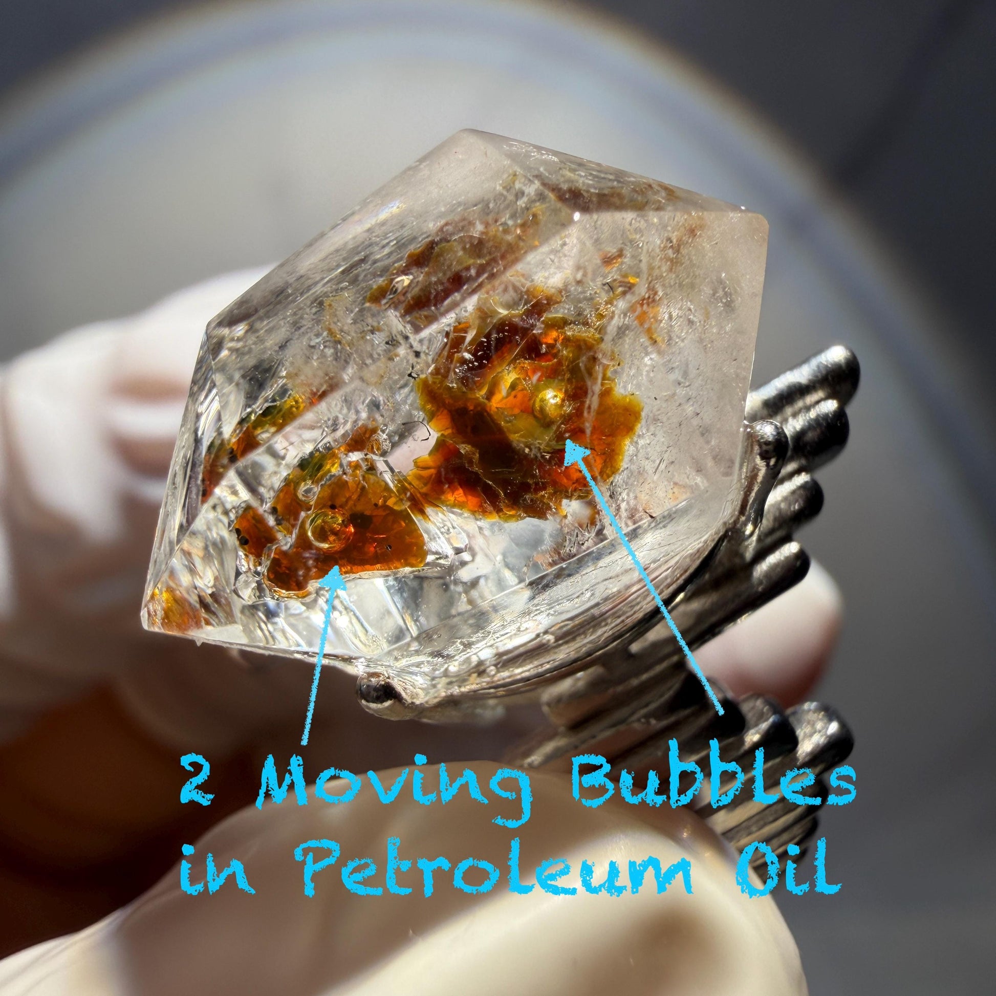 Polished Petroleum Enhydro Quartz S925 Silver Adjustable Ring: 2 Moving Bubbles in Golden Red Petroleum Oil Inclusion