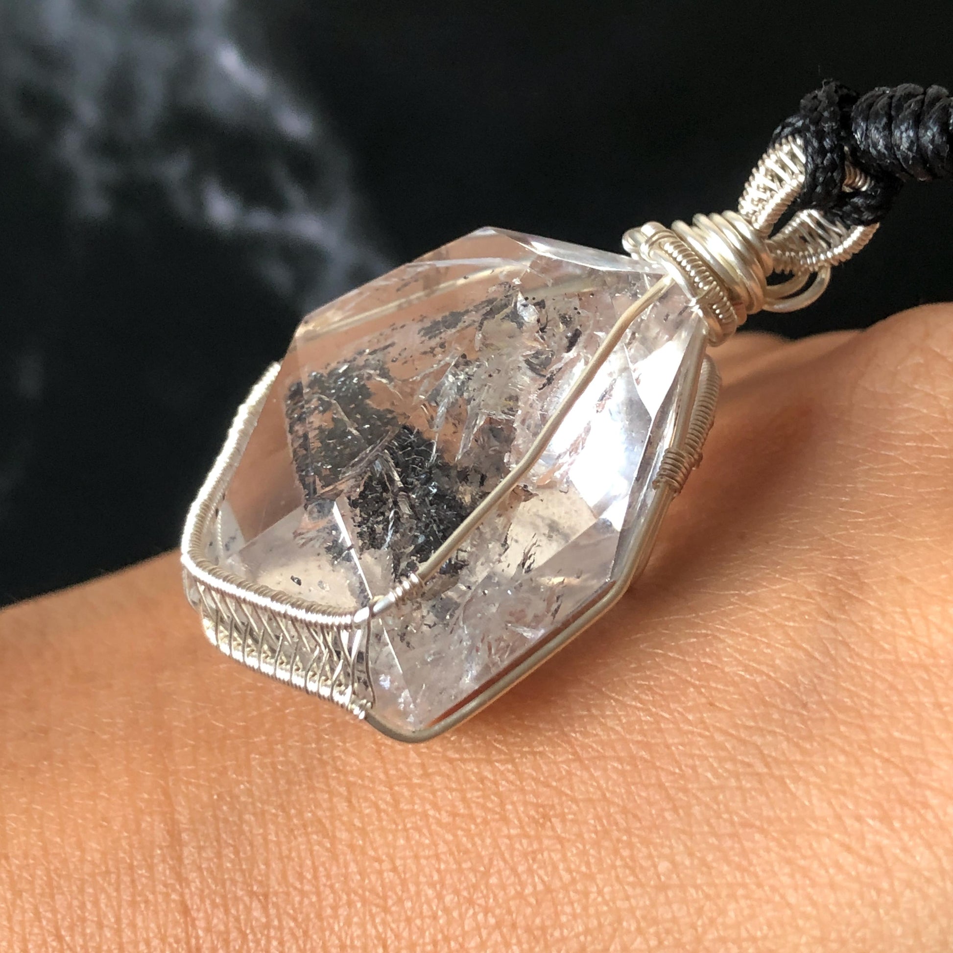 Rare Polished Enhydro Quartz (Herkimer Diamond) Wire Wrapped Pendant Adjustable Necklace: Sand Waterfall! Moving Sand & Clear Bubble Inclusion Crystal | Natural Gemstone Birthstone Gift for her enhydro quartz sand water-fall pendant necklace choker gemstone charm stone pendant choker polished stone pendant crystal charm birthstone gift for her men necklace chakra crystal purify stone minerals specimen adjustable choker mica quartz mica flakes silver wire wrapped pendant