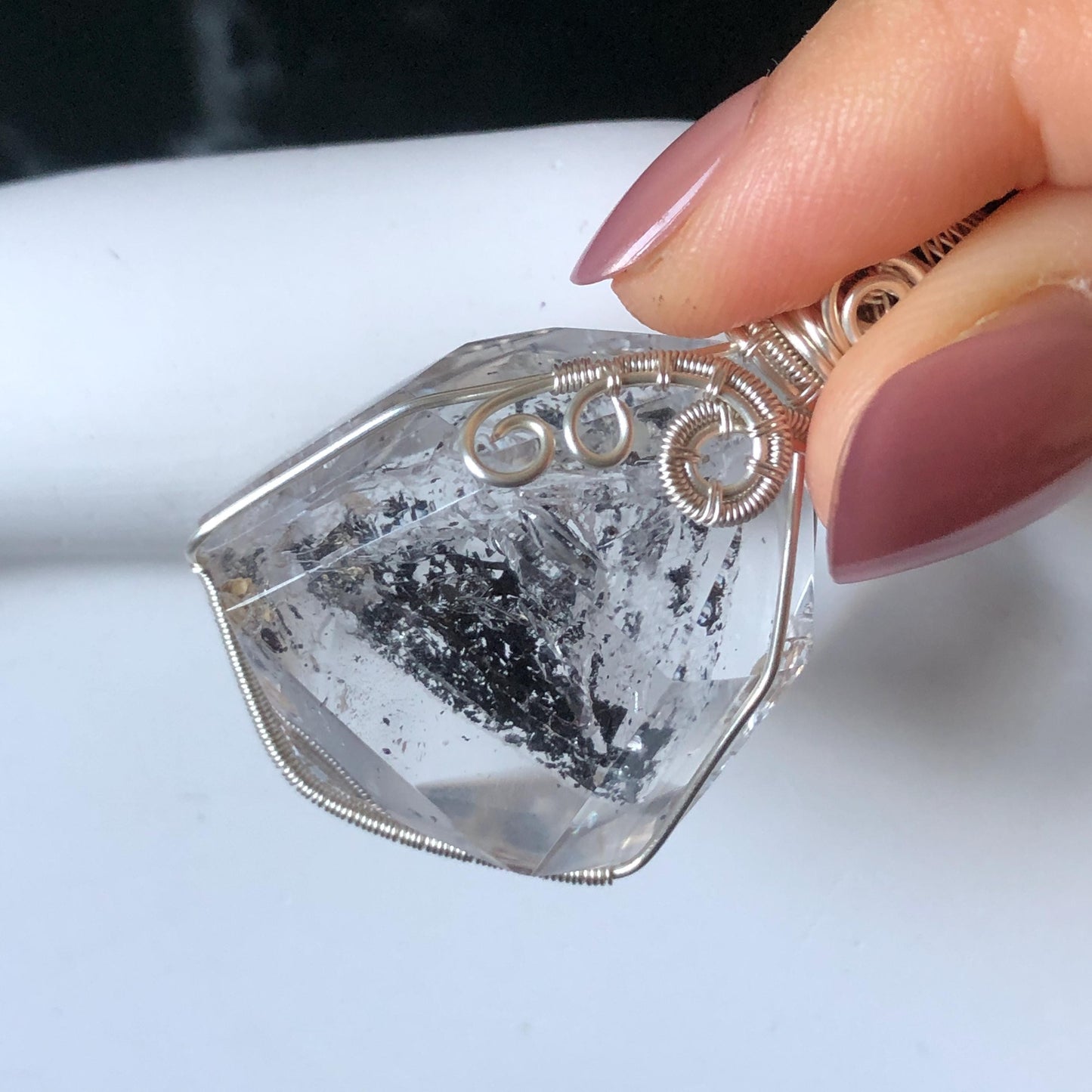 Rare Polished Enhydro Quartz (Herkimer Diamond) Wire Wrapped Pendant Adjustable Necklace: Sand Waterfall! Moving Sand & Clear Bubble Inclusion Crystal | Natural Gemstone Birthstone Gift for her enhydro quartz sand water-fall pendant necklace choker gemstone charm stone pendant choker polished stone pendant crystal charm birthstone gift for her men necklace chakra crystal purify stone minerals specimen adjustable choker mica quartz mica flakes silver wire wrapped pendant
