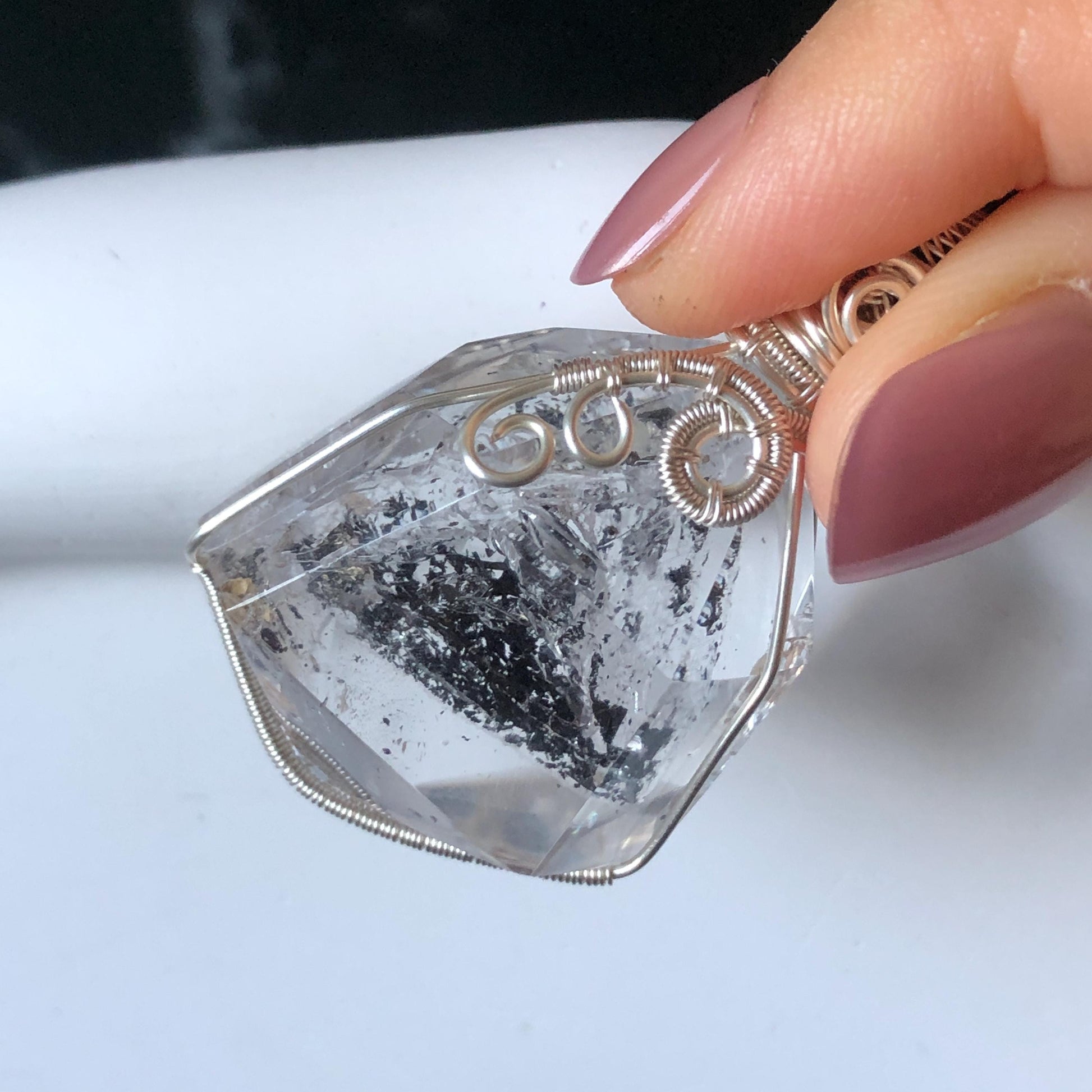 Rare Polished Enhydro Quartz (Herkimer Diamond) Wire Wrapped Pendant Adjustable Necklace: Sand Waterfall! Moving Sand & Clear Bubble Inclusion Crystal | Natural Gemstone Birthstone Gift for her enhydro quartz sand water-fall pendant necklace choker gemstone charm stone pendant choker polished stone pendant crystal charm birthstone gift for her men necklace chakra crystal purify stone minerals specimen adjustable choker mica quartz mica flakes silver wire wrapped pendant