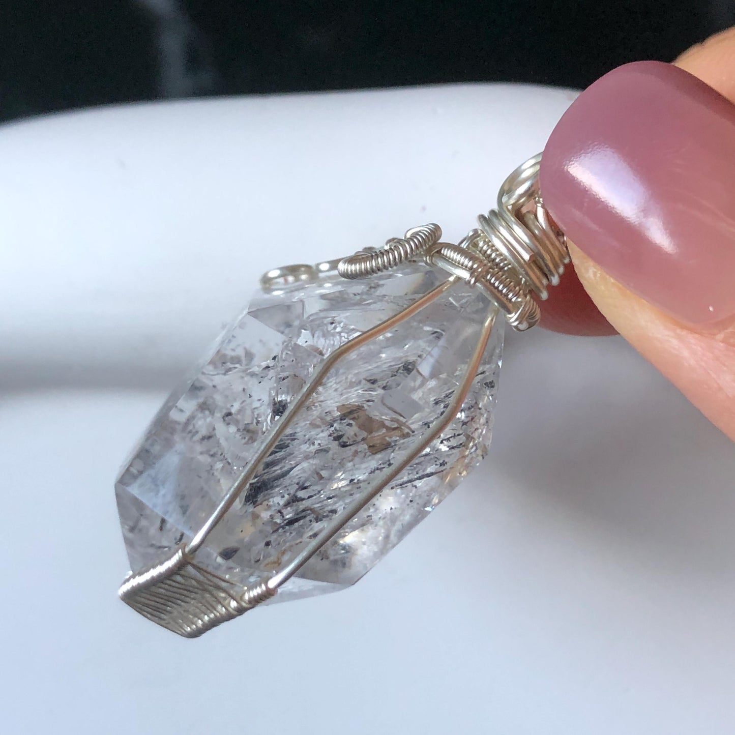 Rare Polished Enhydro Quartz (Herkimer Diamond) Wire Wrapped Pendant Adjustable Necklace: Sand Waterfall! Moving Sand & Clear Bubble Inclusion Crystal | Natural Gemstone Birthstone Gift for her enhydro quartz sand water-fall pendant necklace choker gemstone charm stone pendant choker polished stone pendant crystal charm birthstone gift for her men necklace chakra crystal purify stone minerals specimen adjustable choker mica quartz mica flakes silver wire wrapped pendant