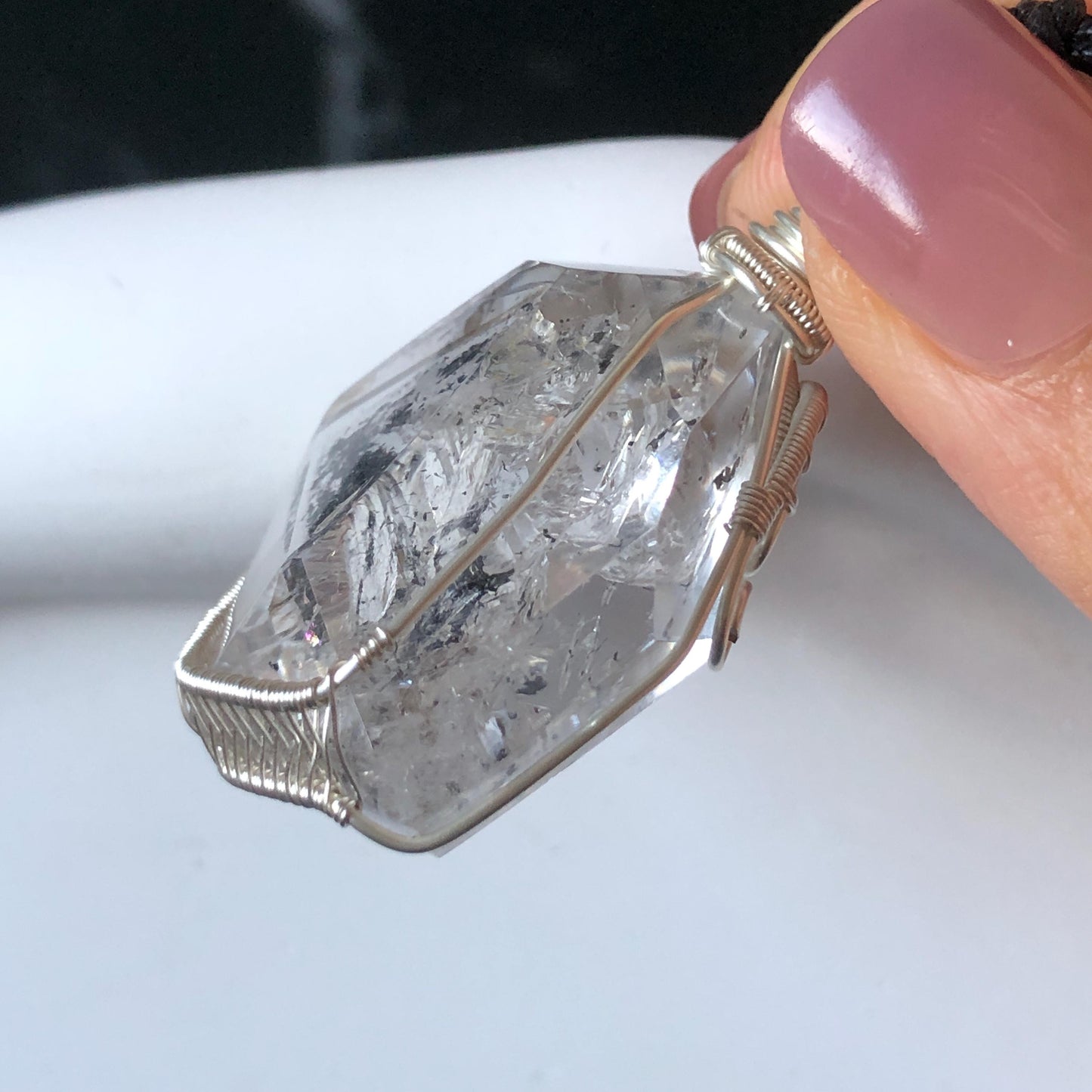 Rare Polished Enhydro Quartz (Herkimer Diamond) Wire Wrapped Pendant Adjustable Necklace: Sand Waterfall! Moving Sand & Clear Bubble Inclusion Crystal | Natural Gemstone Birthstone Gift for her enhydro quartz sand water-fall pendant necklace choker gemstone charm stone pendant choker polished stone pendant crystal charm birthstone gift for her men necklace chakra crystal purify stone minerals specimen adjustable choker mica quartz mica flakes silver wire wrapped pendant