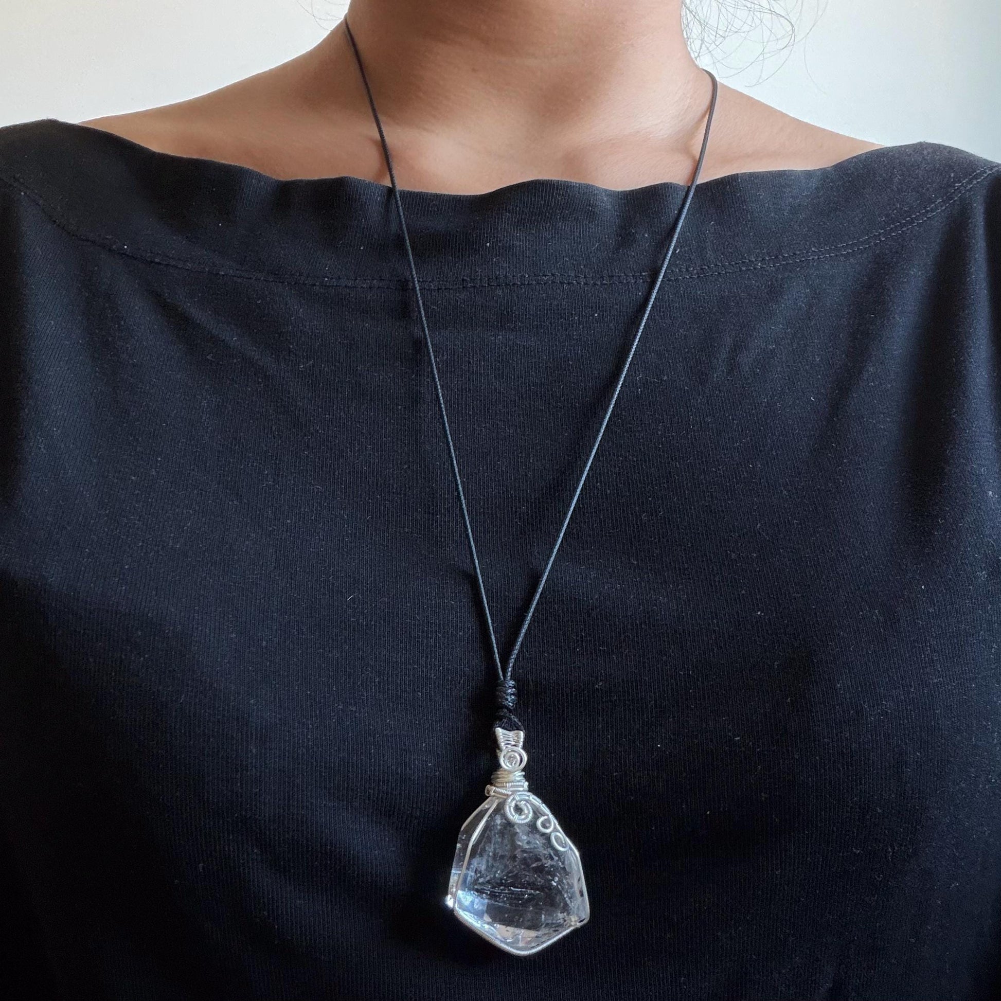 Rare Polished Enhydro Quartz (Herkimer Diamond) Wire Wrapped Pendant Adjustable Necklace: Sand Waterfall! Moving Sand & Clear Bubble Inclusion Crystal | Natural Gemstone Birthstone Gift for her enhydro quartz sand water-fall pendant necklace choker gemstone charm stone pendant choker polished stone pendant crystal charm birthstone gift for her men necklace chakra crystal purify stone minerals specimen adjustable choker mica quartz mica flakes silver wire wrapped pendant