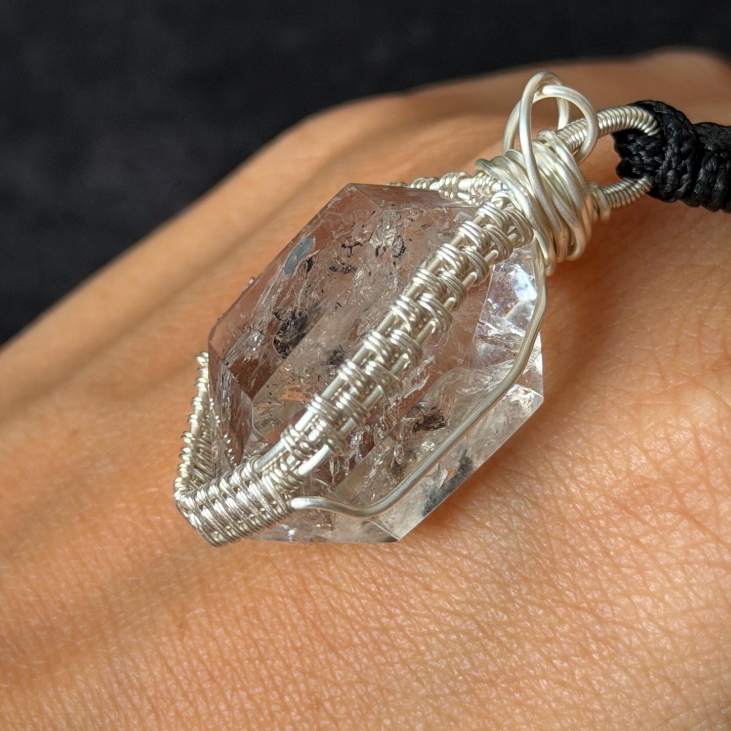 Rare Polished Enhydro Quartz (Herkimer Diamond) Wrapped Wire Pendant Adjustable Necklace | Moving Sand Waterfall | Natural Gemstone Birthstone Gift for her | Natural Gemstone Birthstone Gift for her | Rainbow Quartz Rainbow crystal enhydro quartz sand water-fall pendant necklace choker gemstone charm stone pendant choker polished stone pendant crystal charm birthstone gift for her men necklace chakra crystal purify stone minerals specimen adjustable choker silver wire wrapped pendant